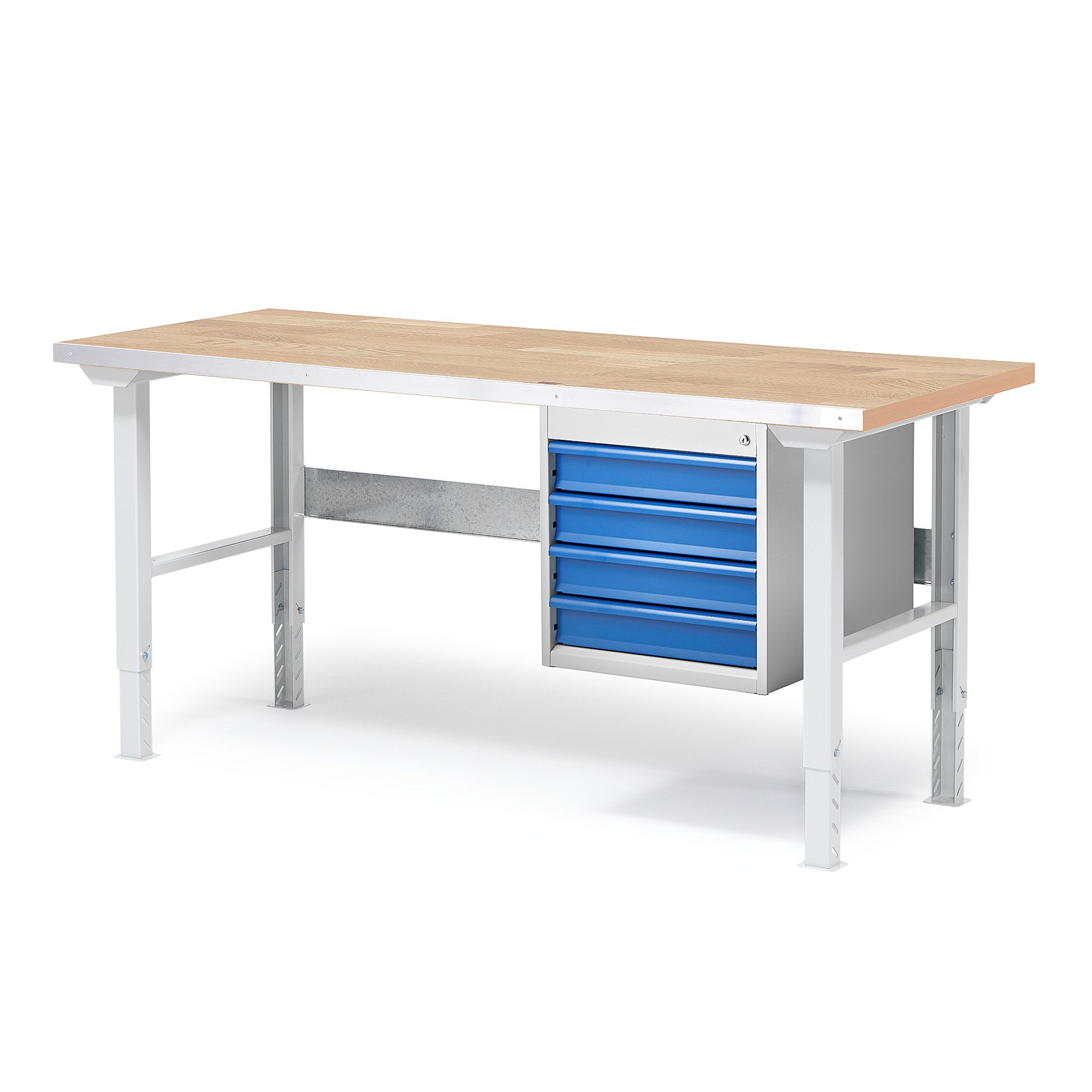 Dílenský stůl SOLID, 1500x800 mm, nosnost 750 kg, 4 zásuvky, dubový povrch