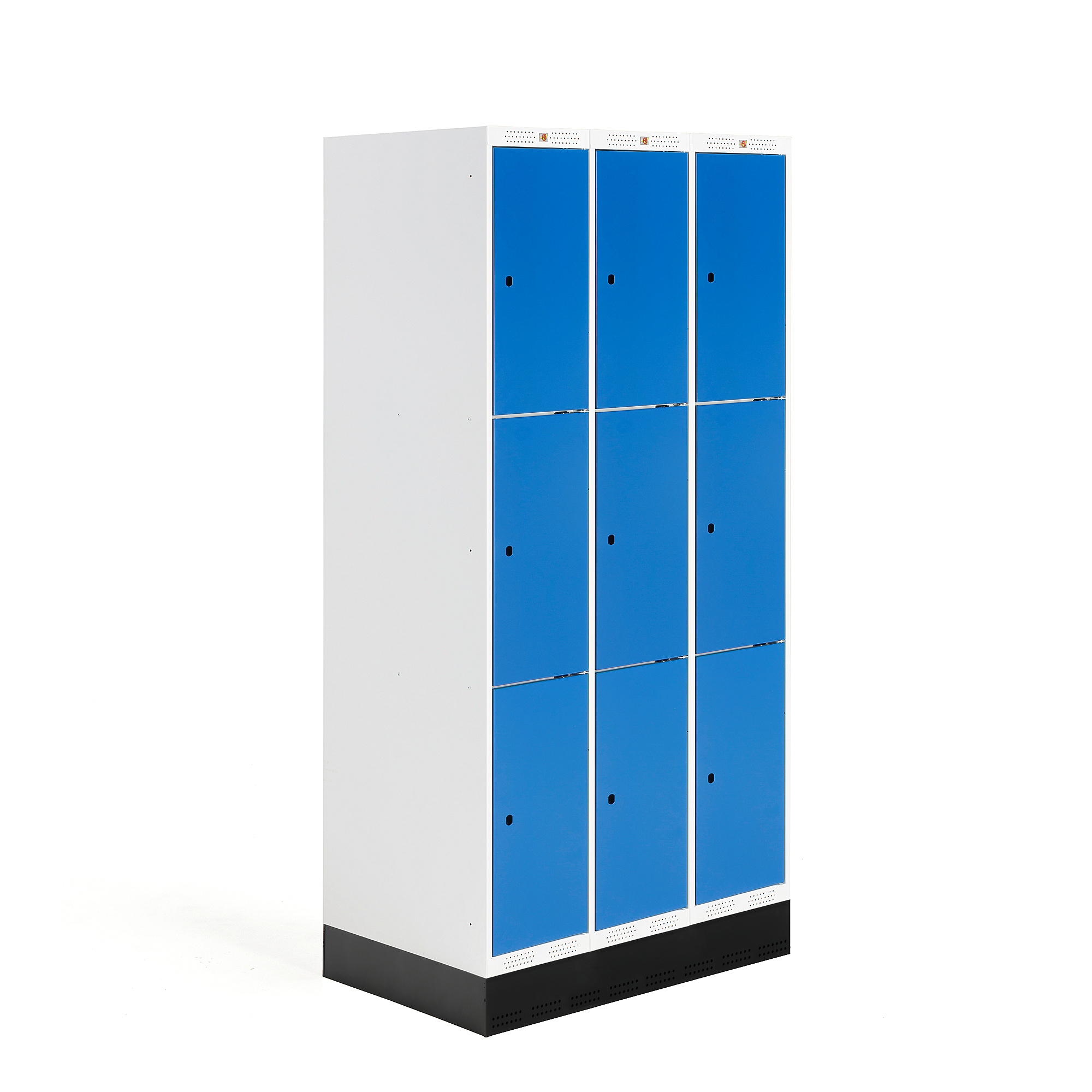 E-shop Školská šatňová skrinka ROZ, 3 sekcie, 9 dverí, 1890x900x550 mm, modrá, so soklom