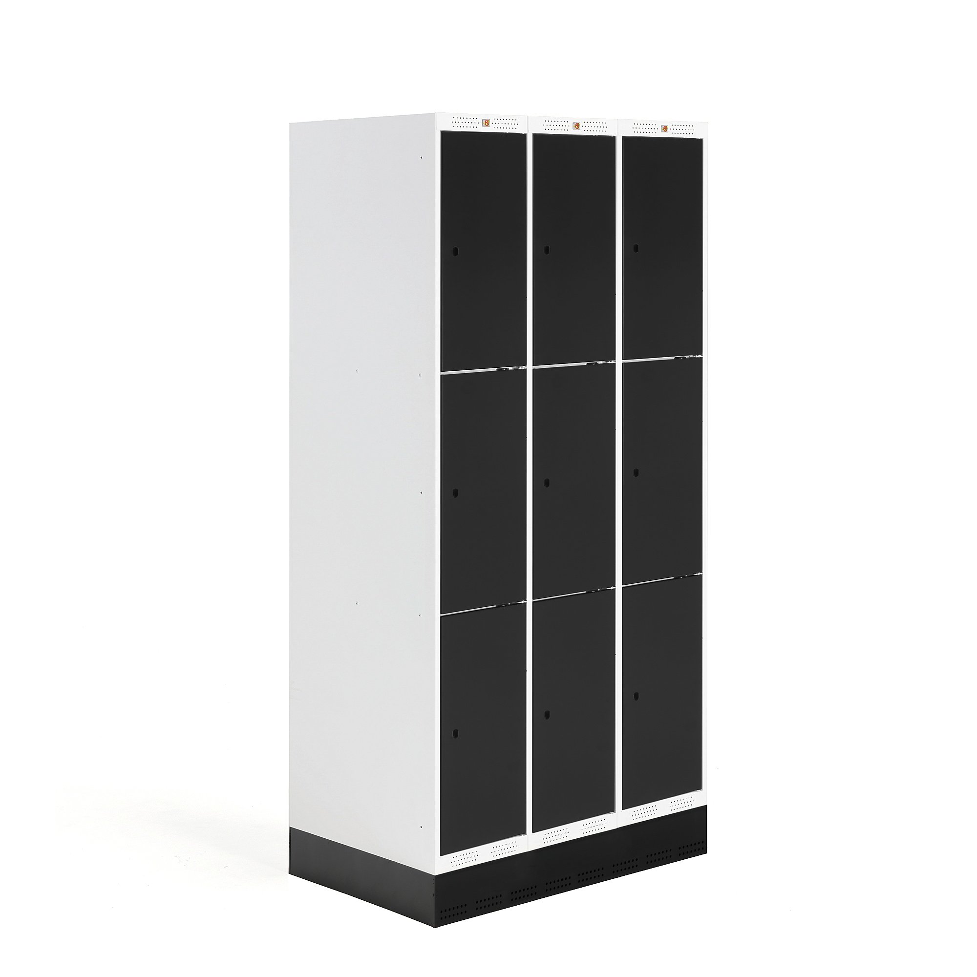 E-shop Školská šatňová skrinka ROZ, 3 sekcie, 9 dverí, 1890x900x550 mm, čierna, so soklom