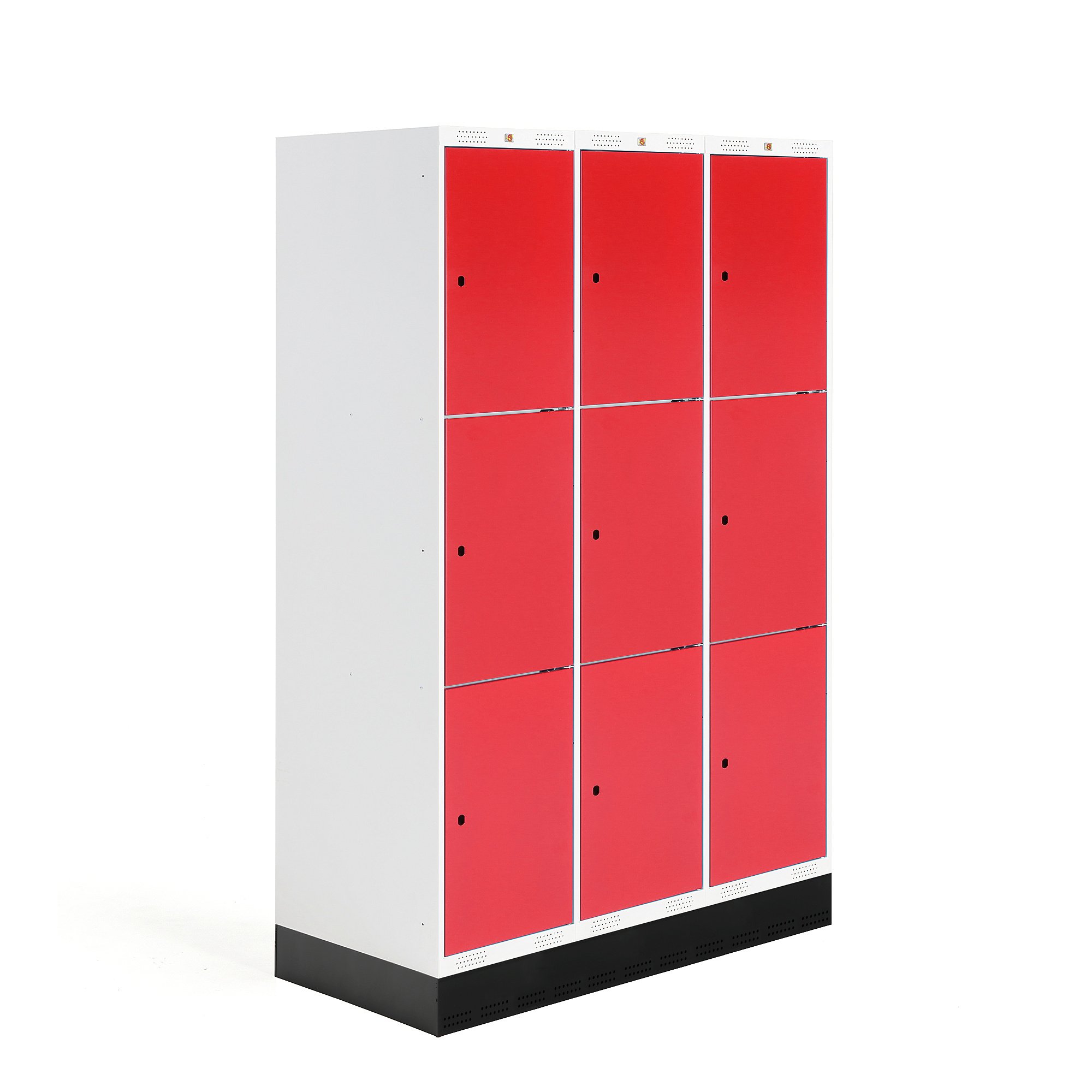 Šatní skříňka ROZ, 3 sekce, 9 boxů, se soklem, 1890x1200x550 mm, červená