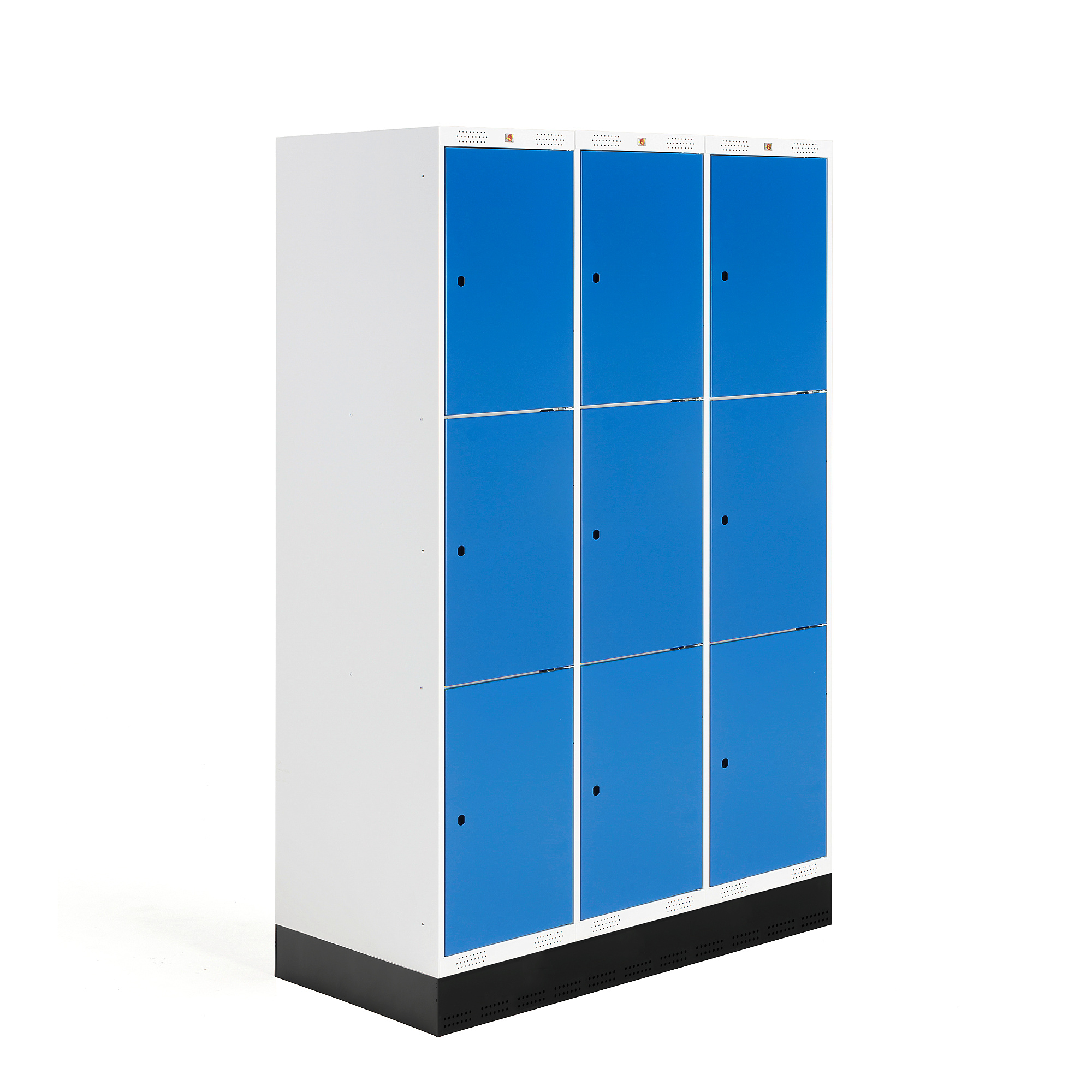 E-shop Školská šatňová skrinka ROZ, 3 sekcie, 9 dverí, 1890x1200x550 mm, modrá, so soklom
