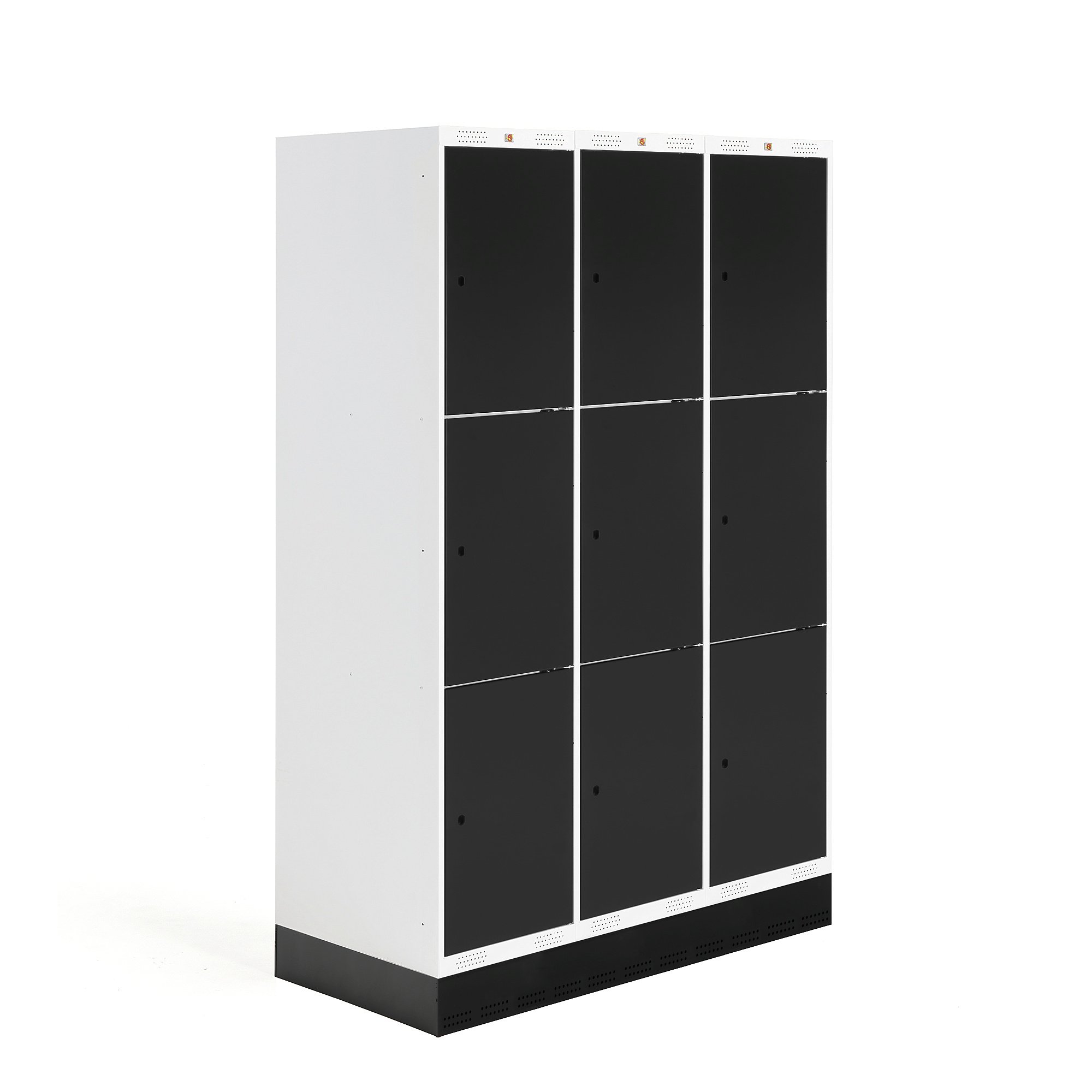 E-shop Školská šatňová skrinka ROZ, 3 sekcie, 9 dverí, 1890x1200x550 mm, čierna, so soklom
