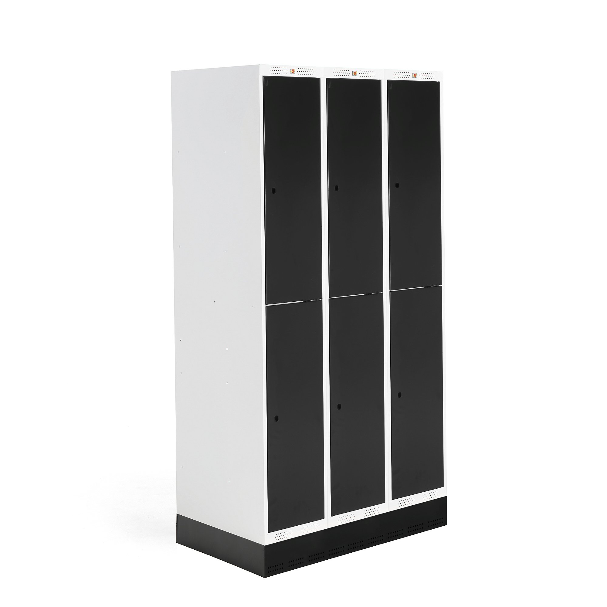 E-shop Školská šatňová skrinka ROZ, 3 sekcie, 6 dverí, 1890x900x550 mm, čierna, so soklom