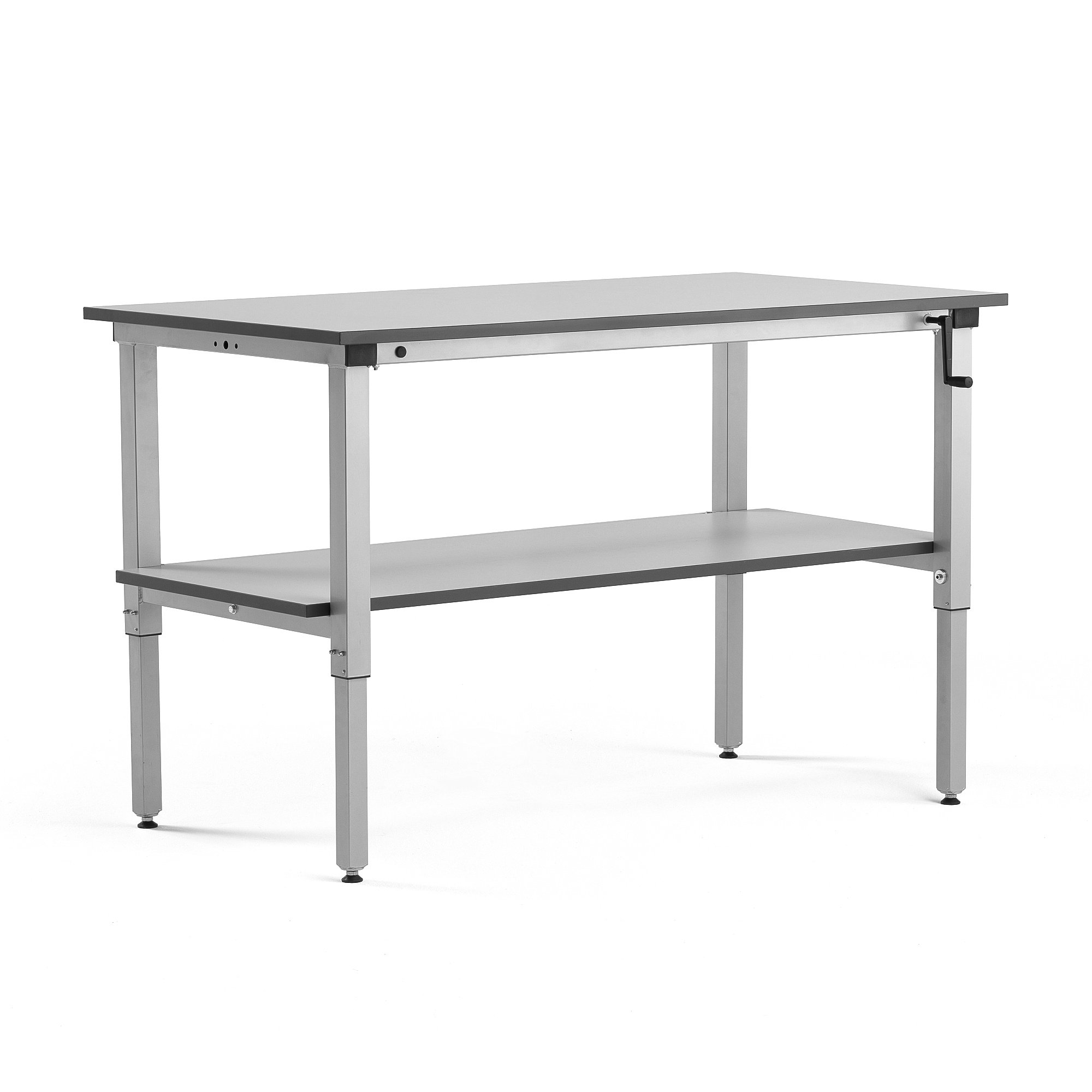 Výškově nastavitelný pracovní stůl MOTION, manuální, 1500x800 mm, se spodní policí, 150 kg, šedá