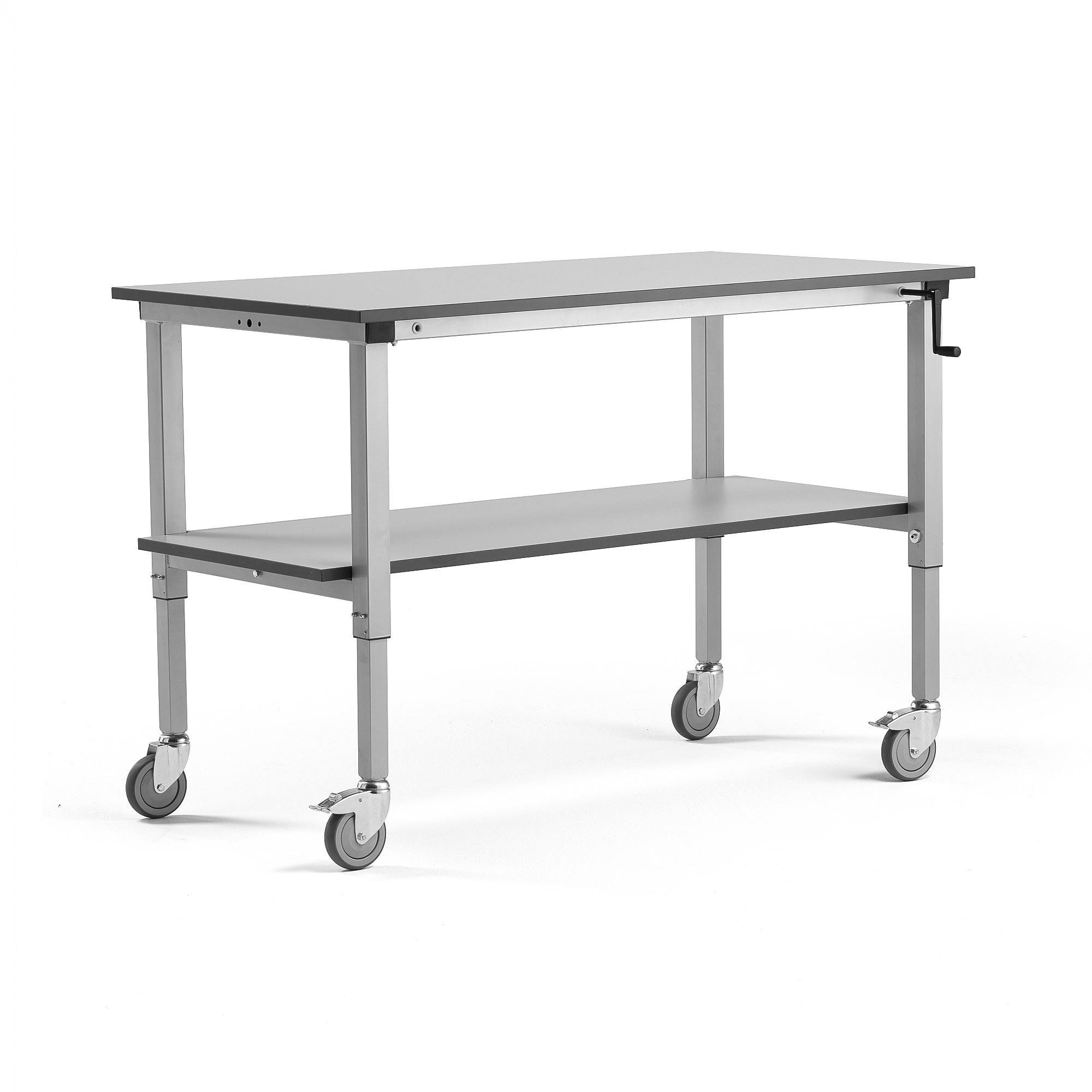 E-shop Mobilný dielenský stôl MOTION, nastaviteľný, s policou, 1500x800 mm, šedý