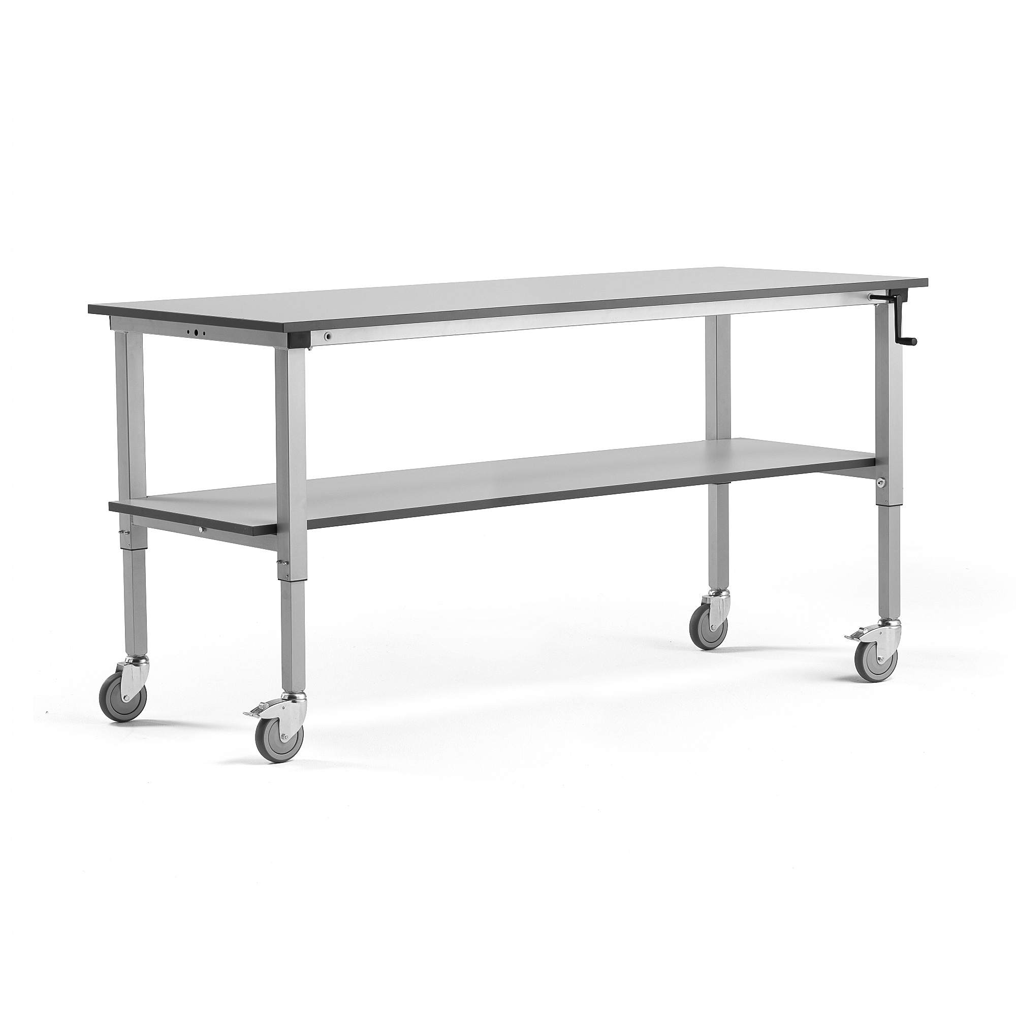 E-shop Mobilný dielenský stôl MOTION, nastaviteľný, s policou, 2000x800 mm, šedý