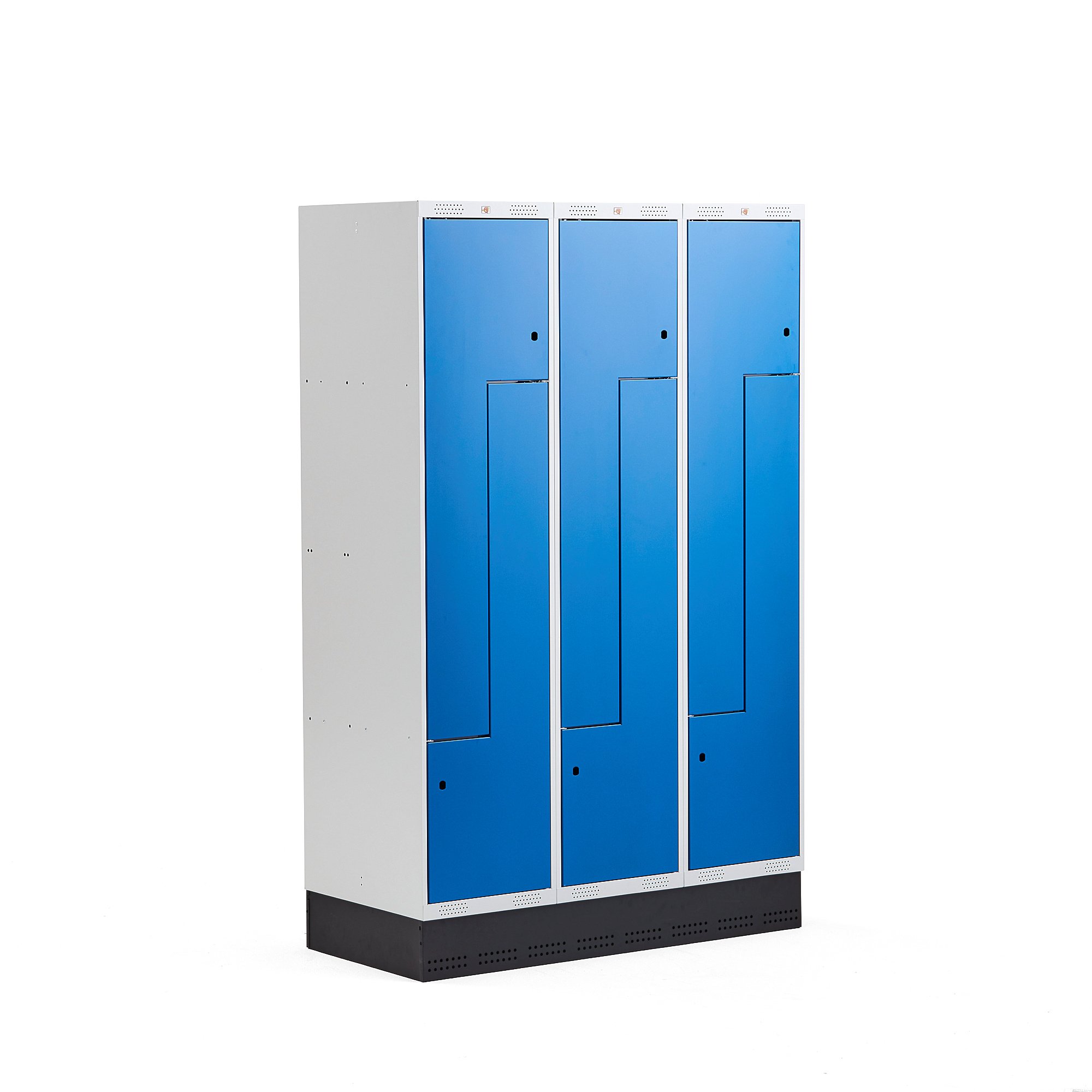 E-shop Šatňová skrinka CLASSIC, tvar Z, so soklom, 3 sekcie, 6 dverí, 1890x1200x550 mm, modrá