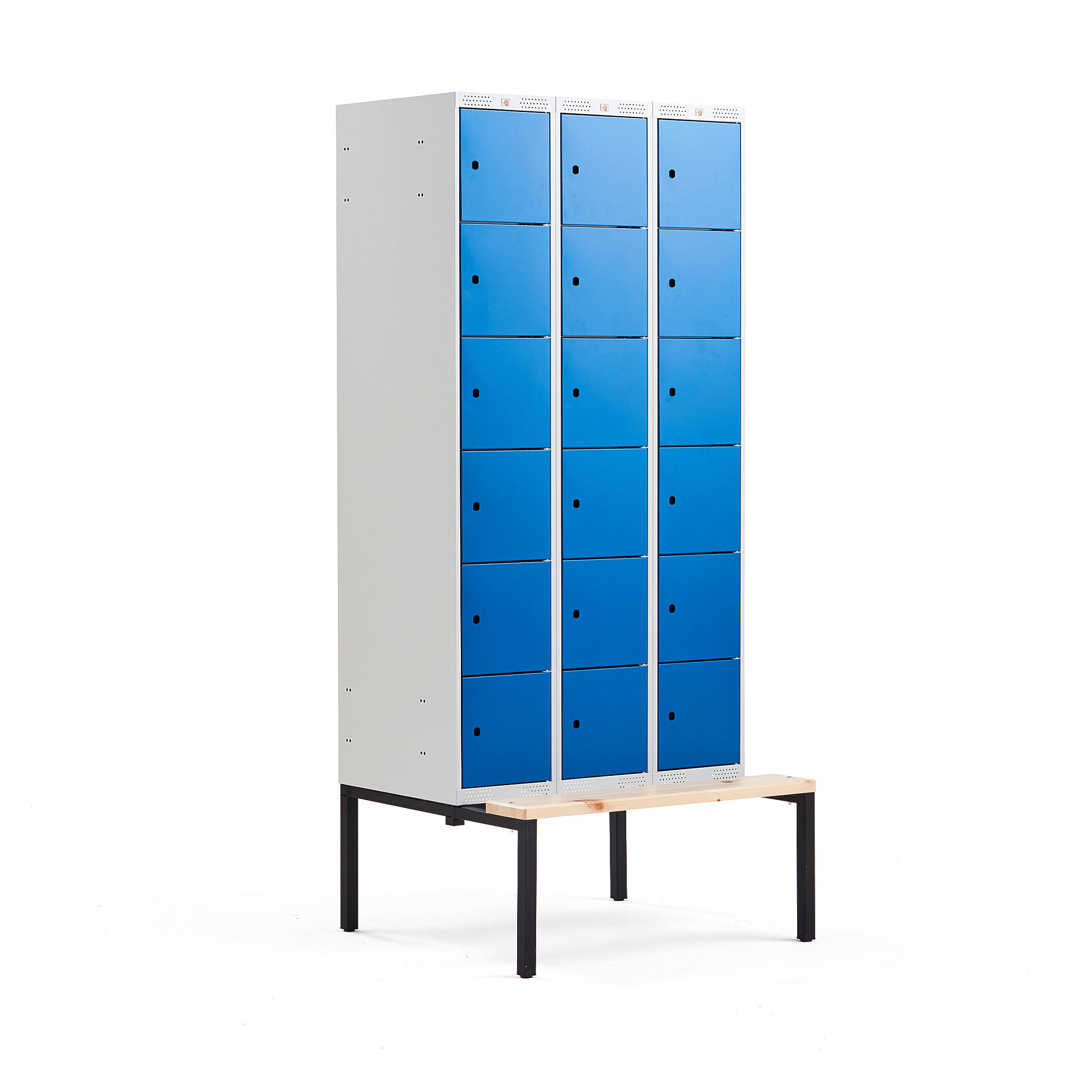 Boxová šatní skříň CLASSIC, s lavicí, 3 sekce, 18 boxů, 2120x900x550 mm, modré dveře