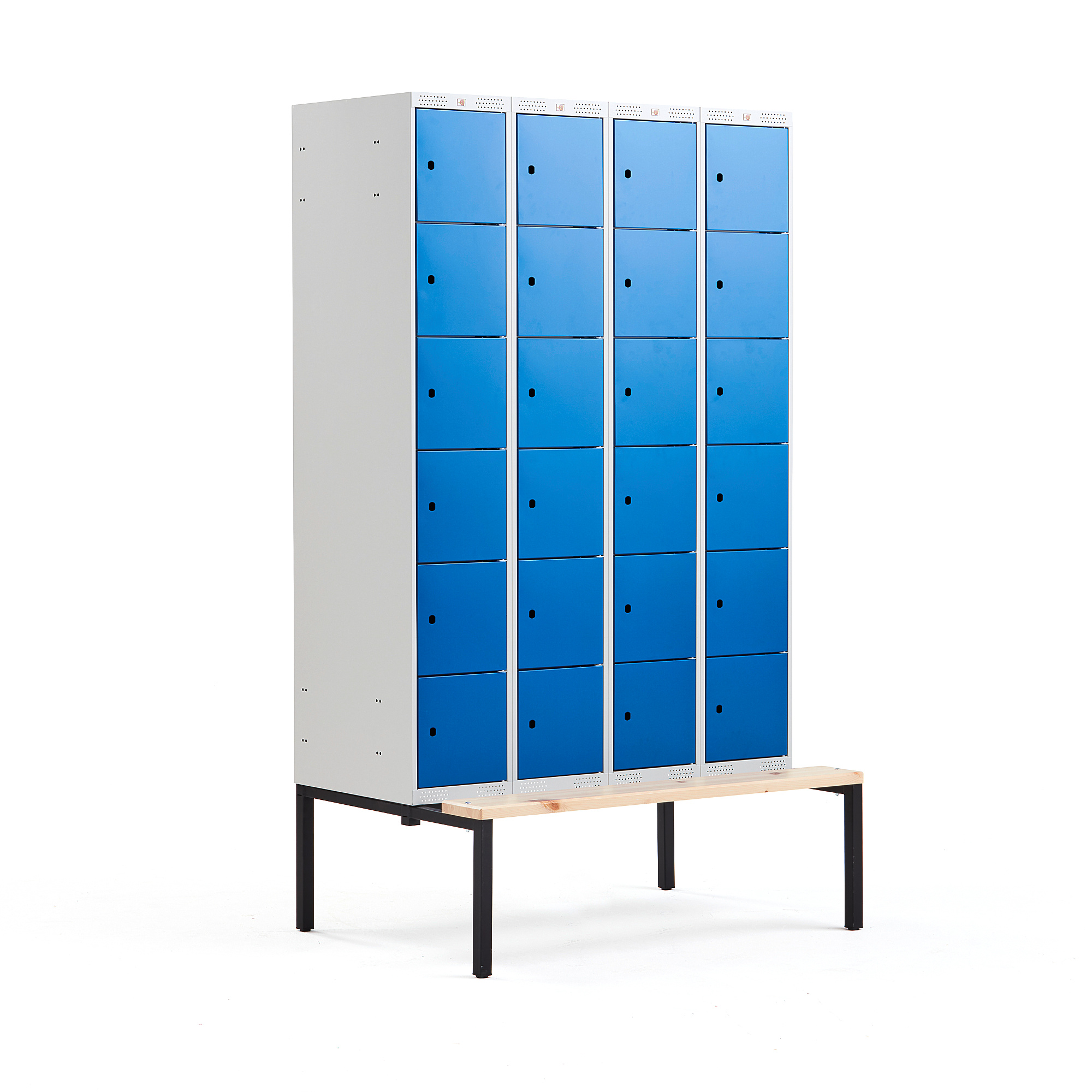 Boxová šatní skříň CLASSIC, s lavicí, 4 sekce, 24 boxů, 2120x1200x550 mm, modré dveře
