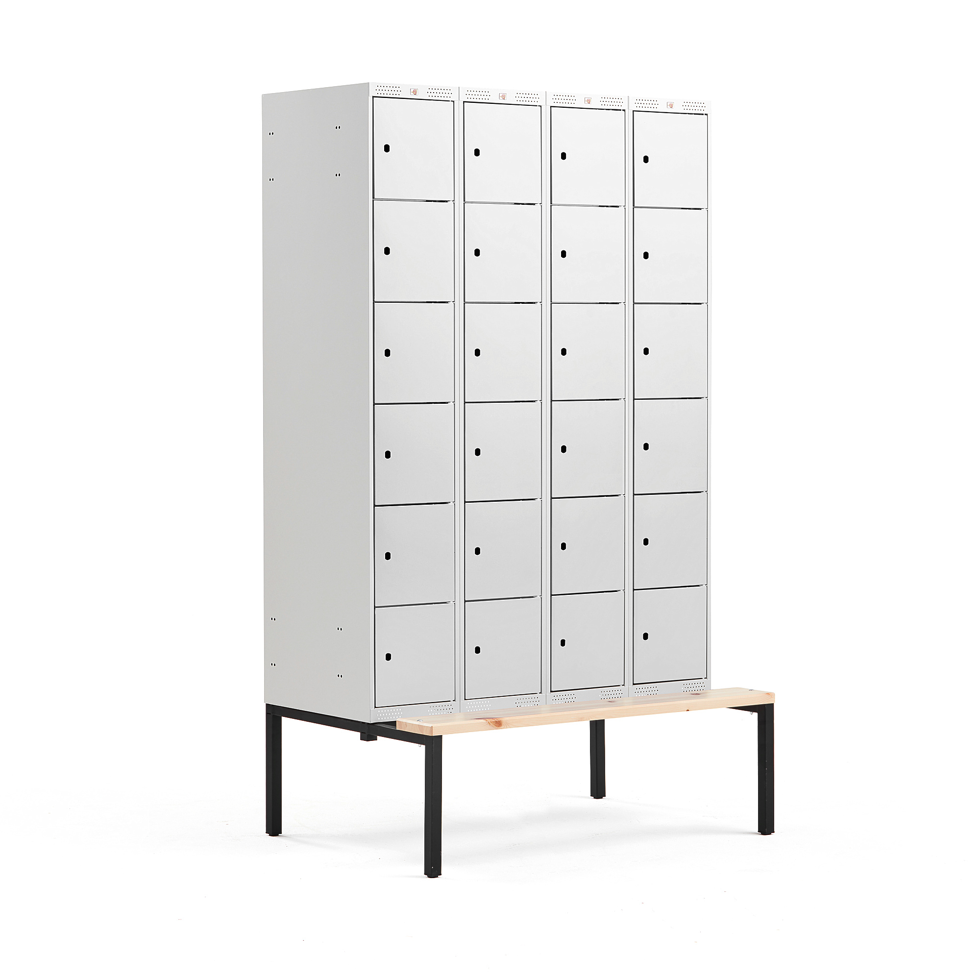 Levně Boxová šatní skříň CLASSIC, s lavicí, 4 sekce, 24 boxů, 2120x1200x550 mm, šedé dveře