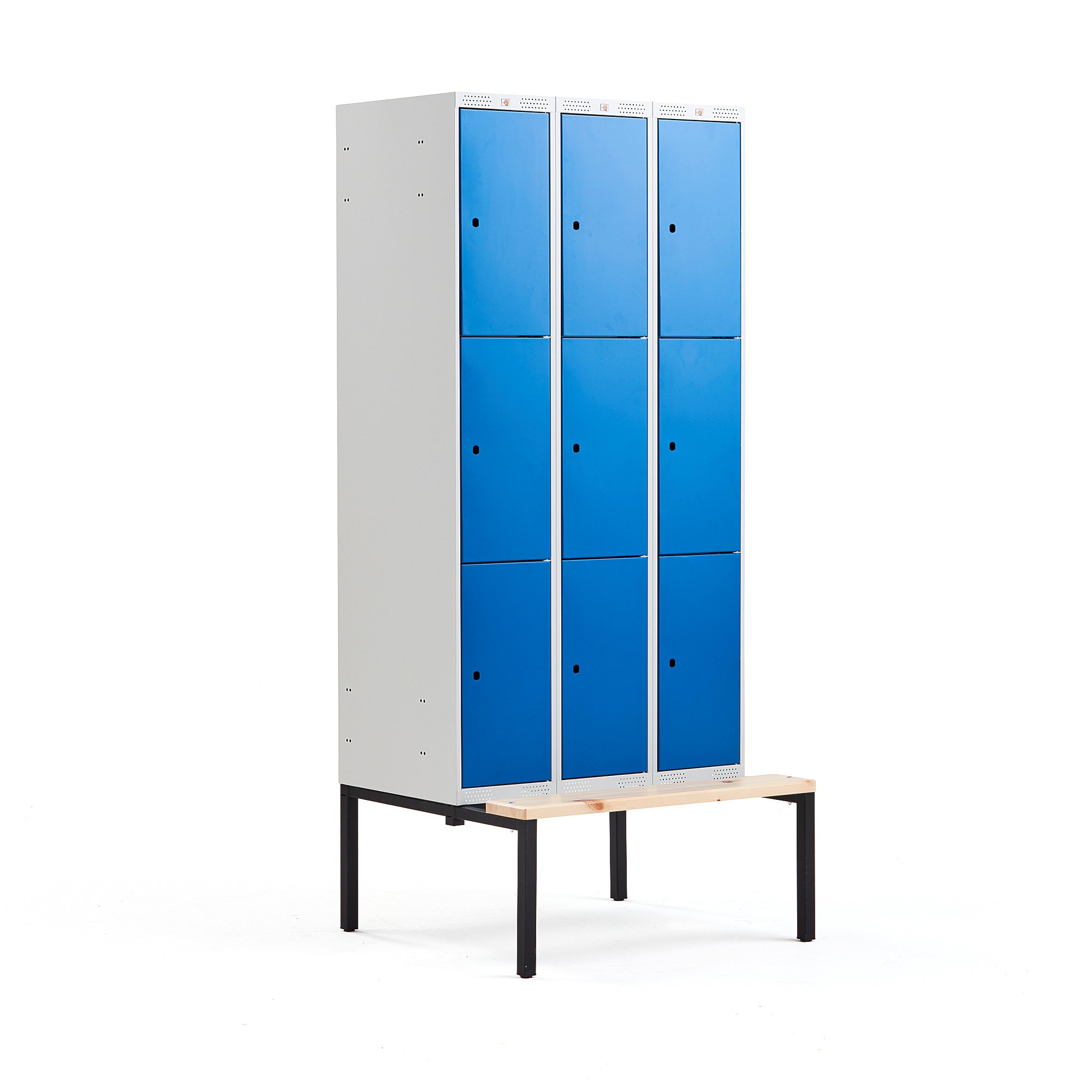 Boxová šatní skříň CLASSIC, s lavicí, 3 sekce, 9 boxů, 2120x900x550 mm, modré dveře