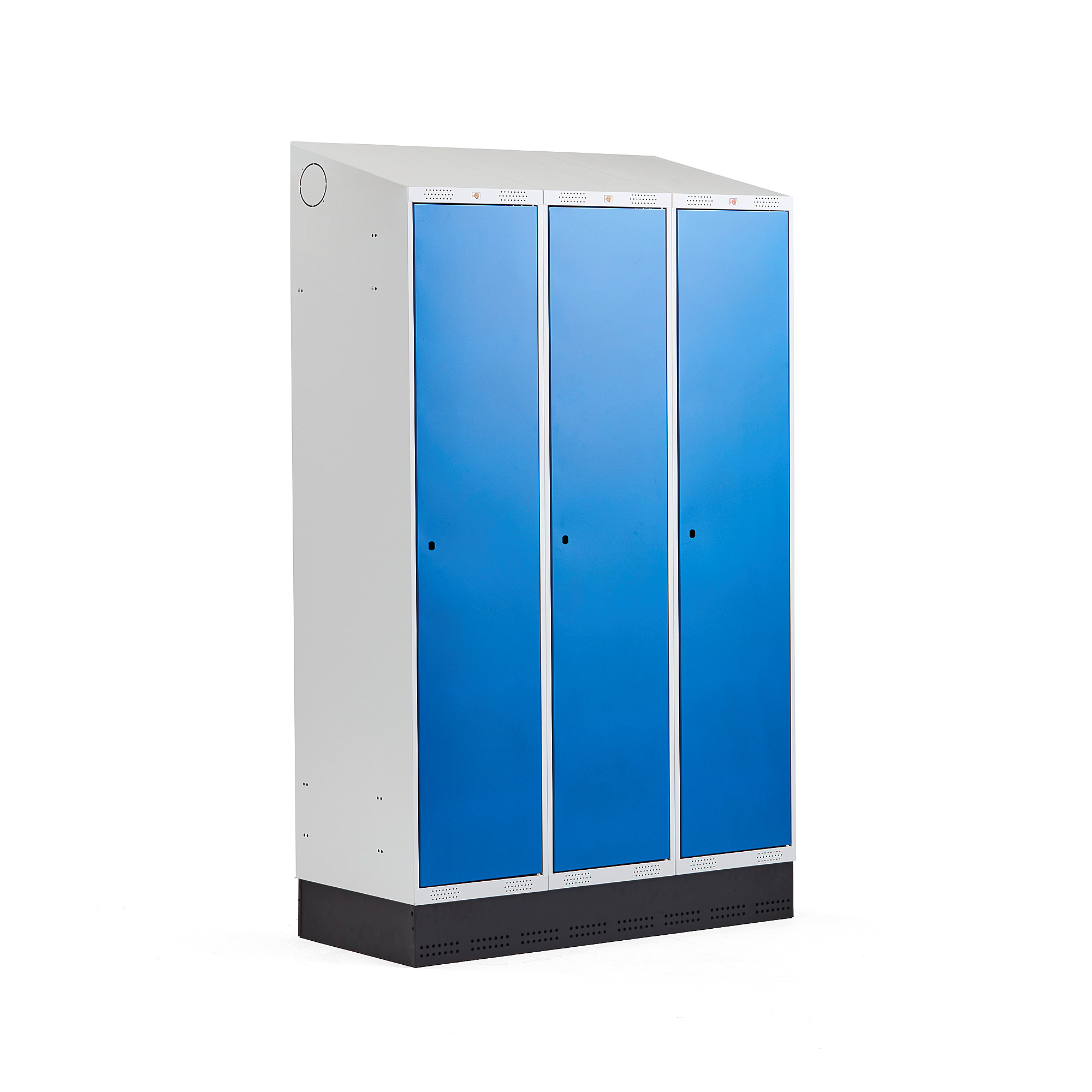 Levně Šatní skříňka CLASSIC, šikmá střecha, se soklem, 3 sekce, 2050x1200x550 mm, modré dveře