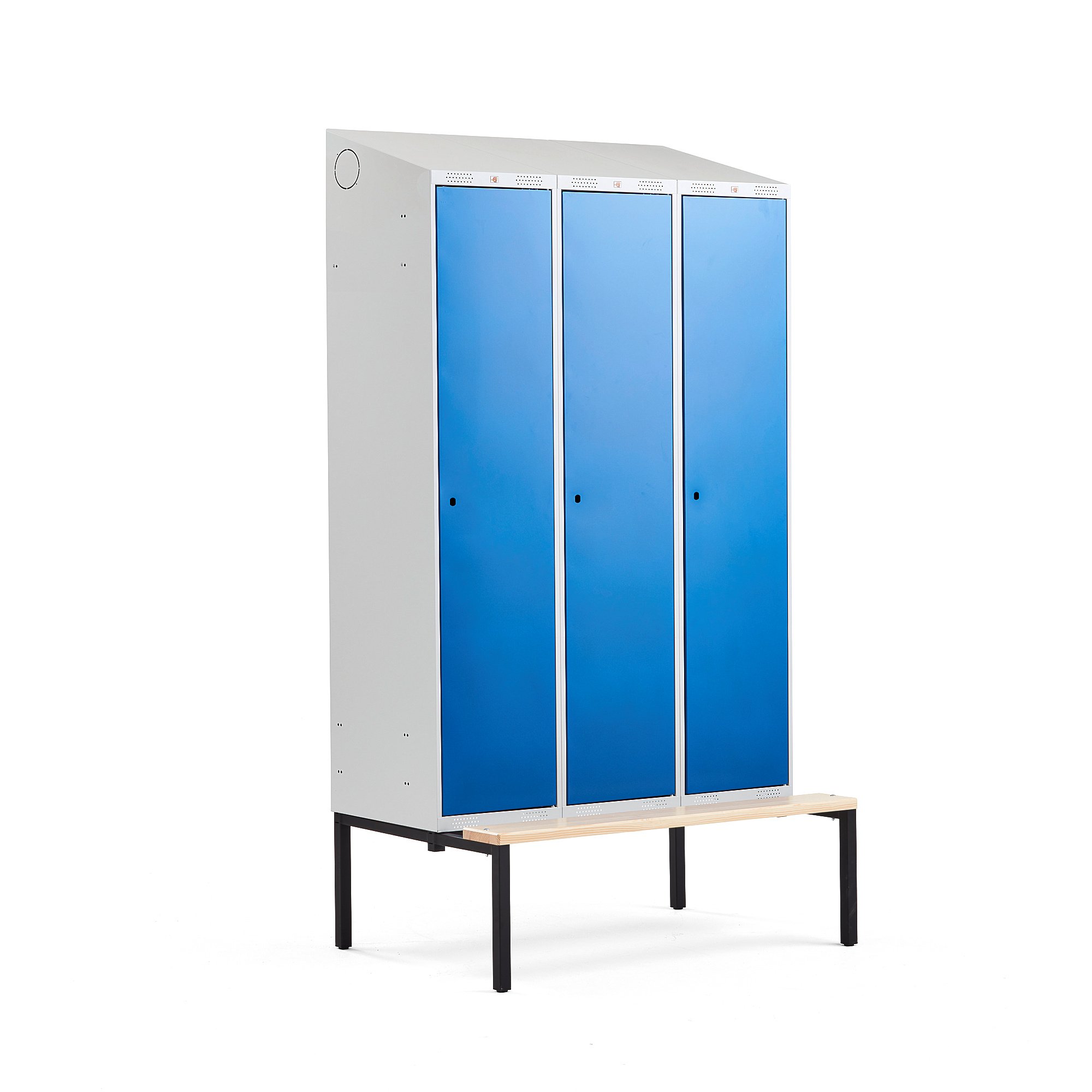 Šatní skříňka CLASSIC, šikmá střecha, s lavicí, 3 sekce, 2290x1200x550 mm, modré dveře