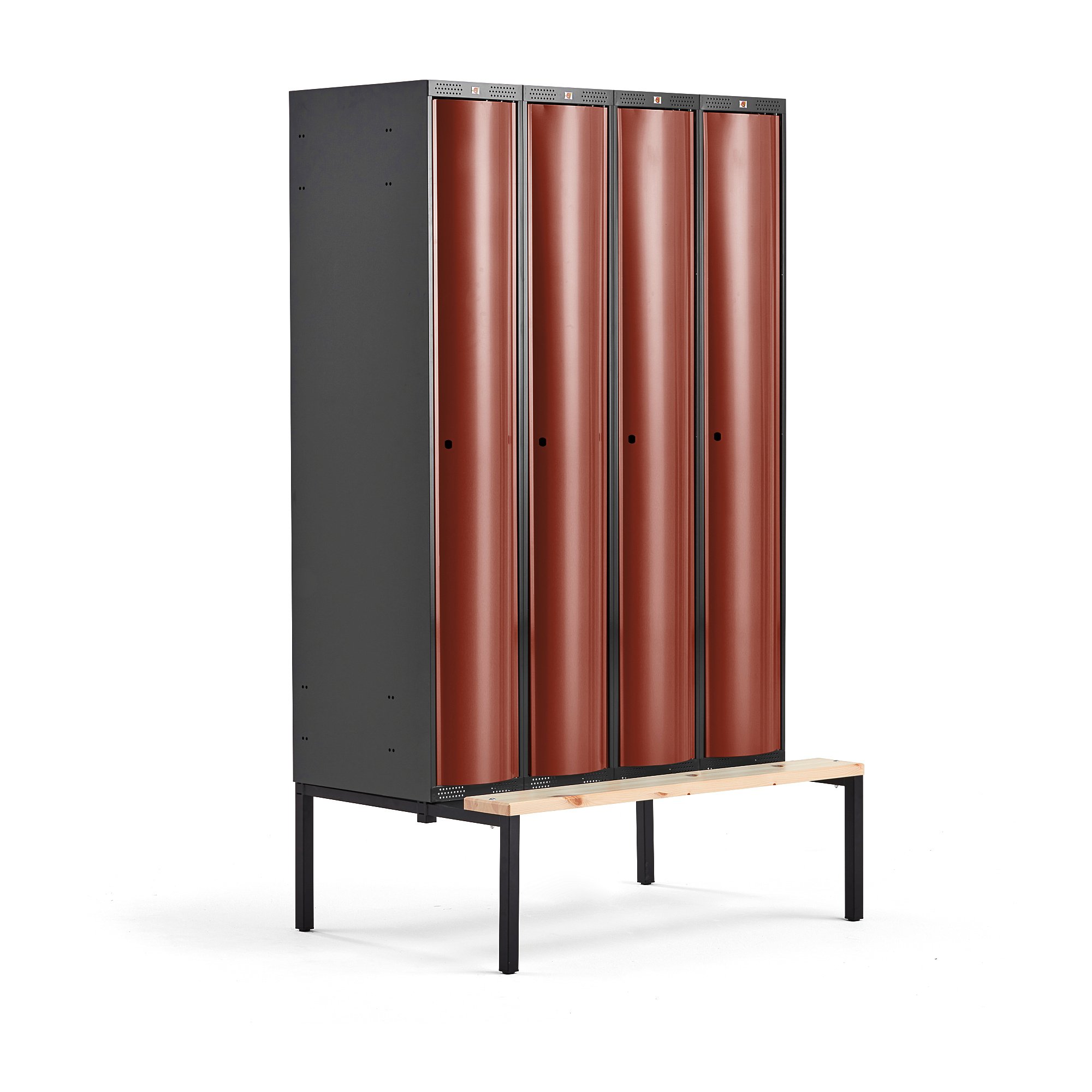 Šatní skříňka CURVE, 4 sekce, 2120x1200x550 mm, lavice, červené dveře