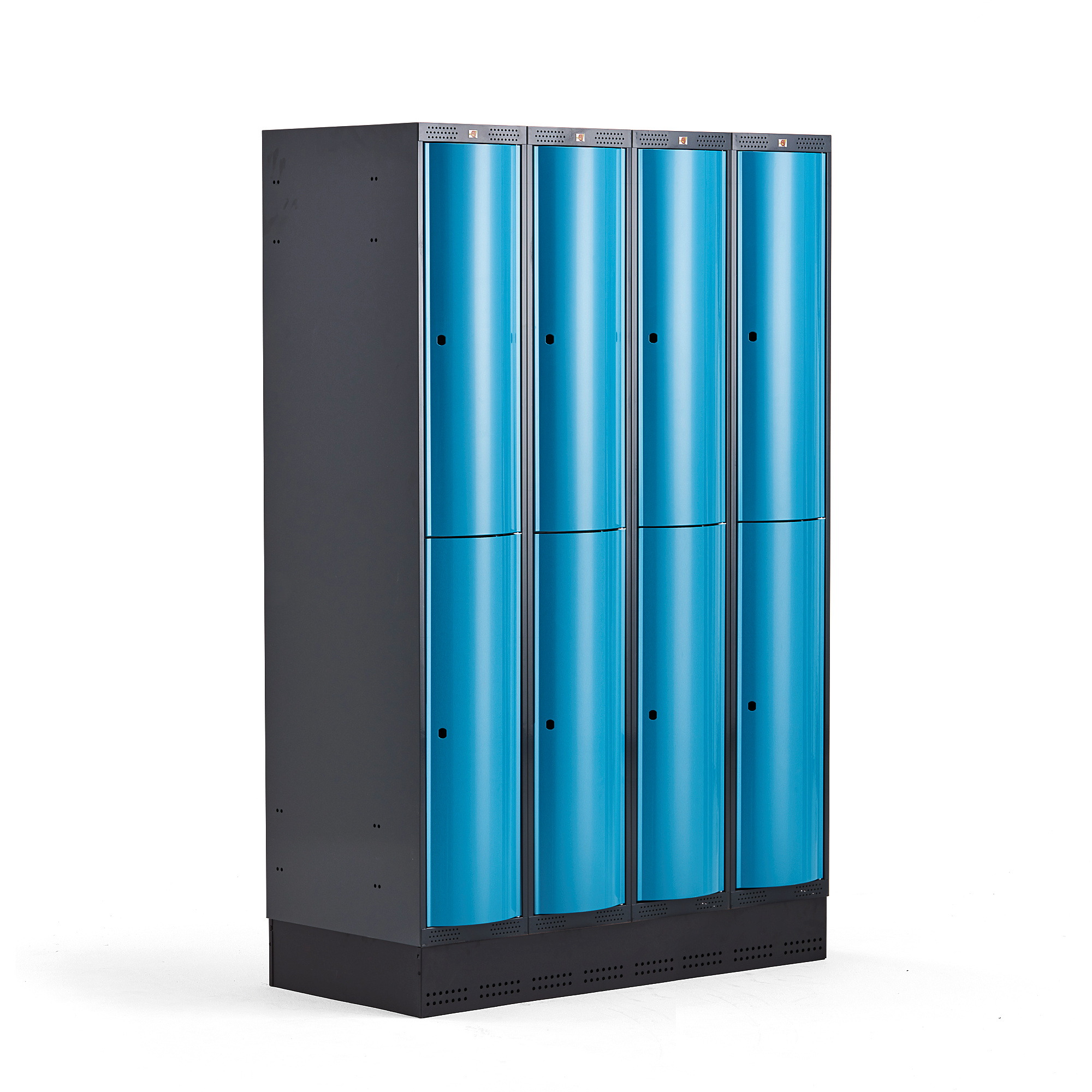 Boxová šatní skříň CURVE, 4 sekce, 8 boxů, 1890x1200x550 mm, sokl, modré dveře