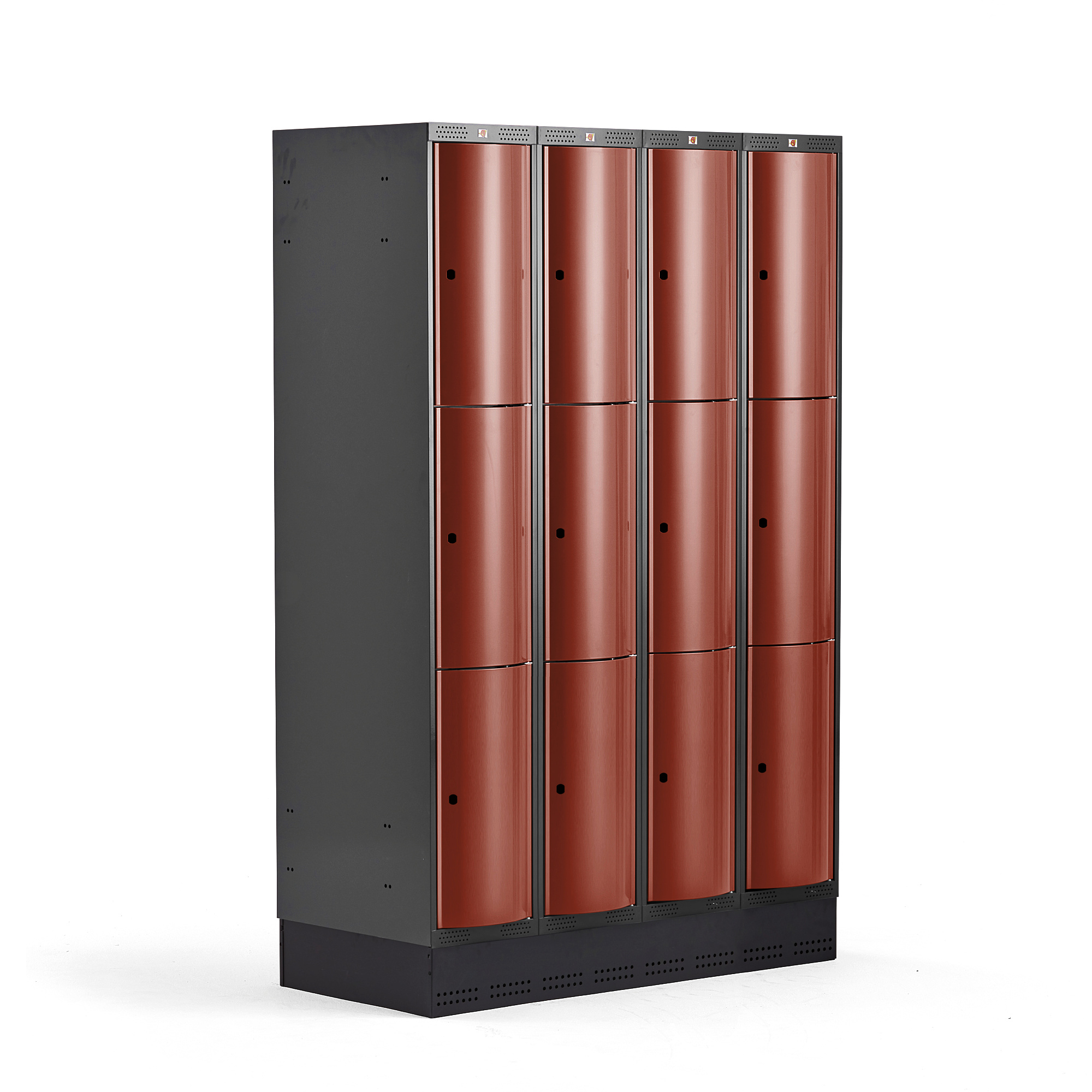 Boxová šatní skříň CURVE, 4 sekce, 12 boxů, 1890x1200x550 mm, sokl, červené dveře