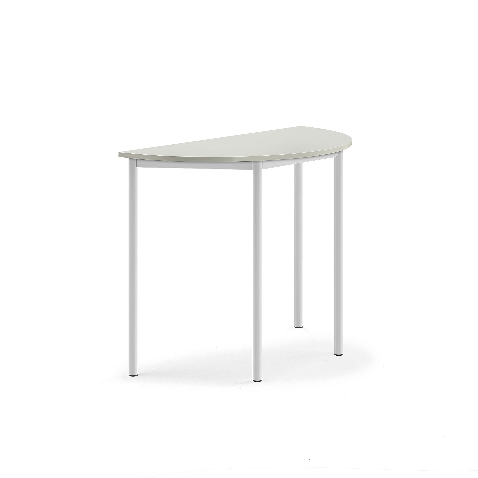 Stůl SONITUS, půlkruh, 1200x600x900 mm, bílé nohy, HPL deska tlumící hluk, šedá