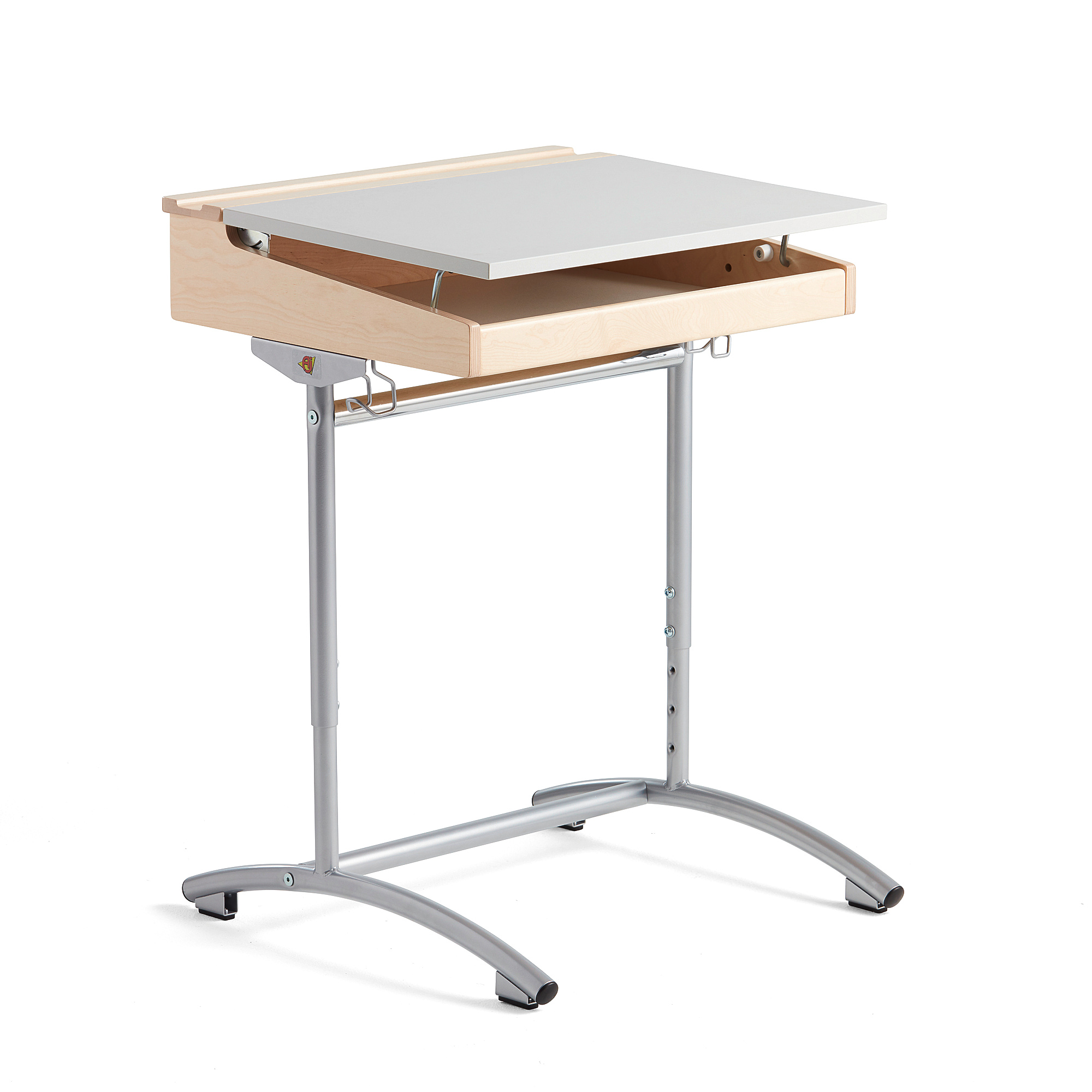 Levně Školní lavice ACCESS, 650x550 mm, nastavitelná výška, stříbrné nohy, HPL, bříza, šedá