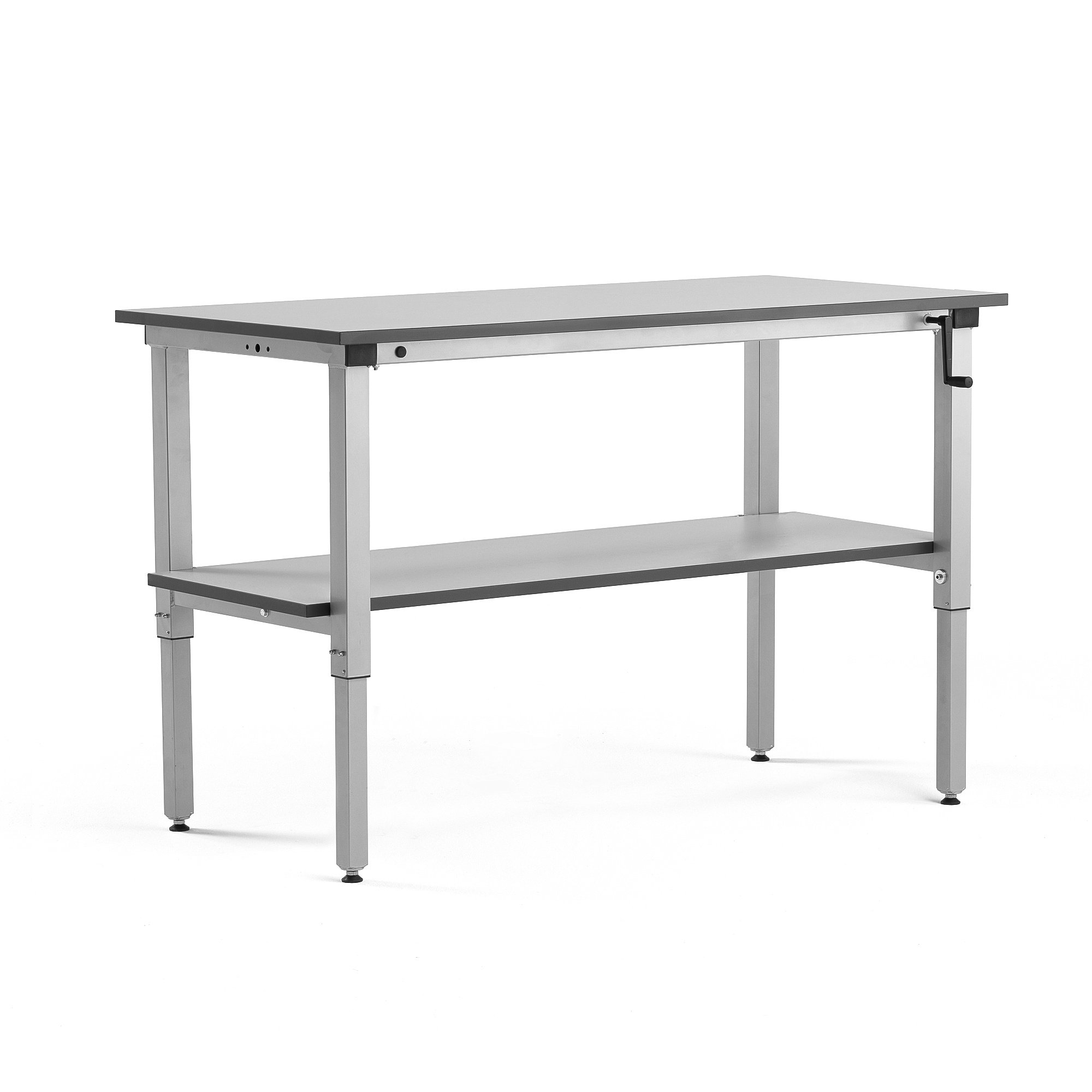 Výškově nastavitelný pracovní stůl MOTION, manuální, 1500x600 mm, se spodní policí, 150 kg, šedá