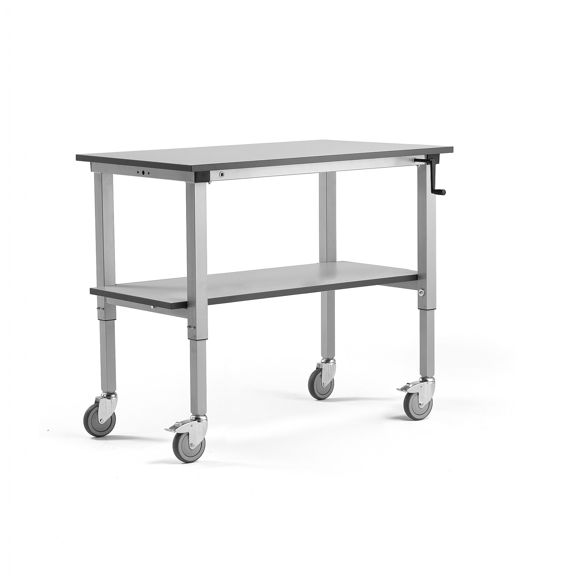 E-shop Nastaviteľný dielenský stôl MOTION s kolieskami, s policou, 1200x600 mm