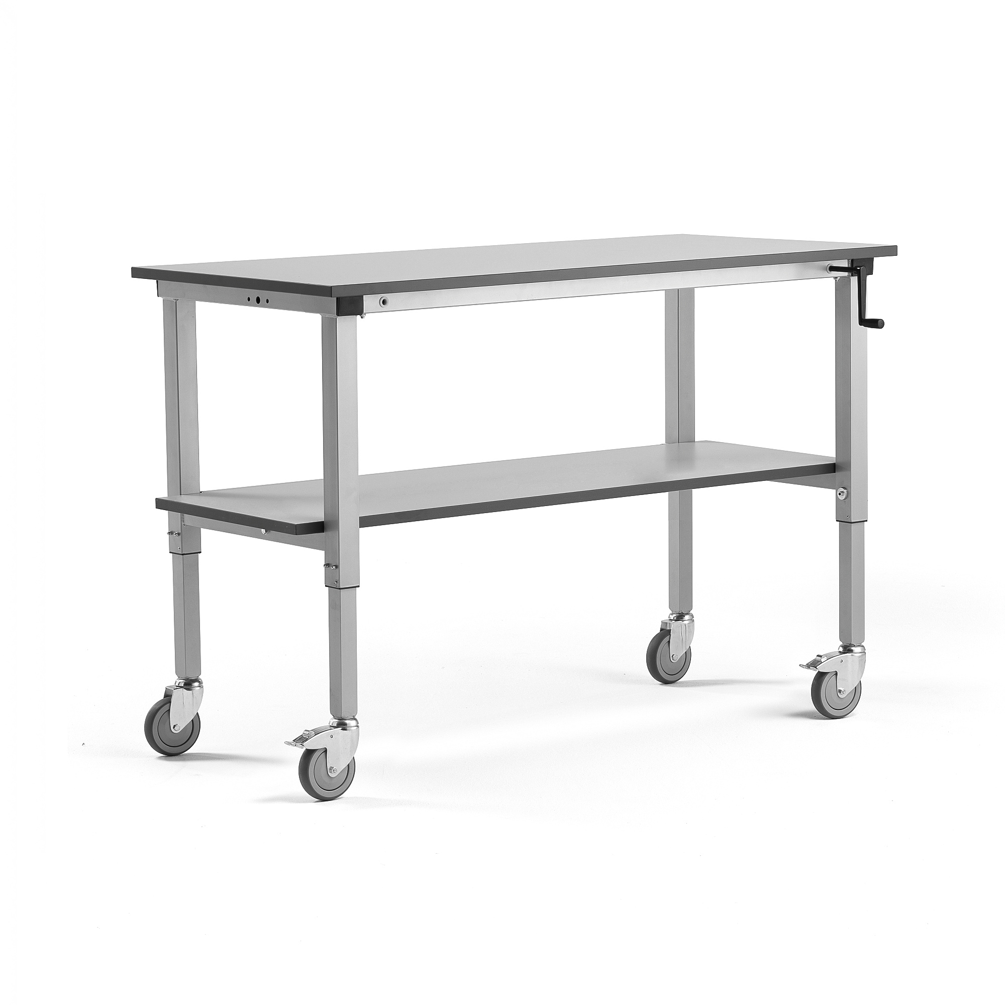 E-shop Nastaviteľný dielenský stôl MOTION s kolieskami, s policou, 1500x600 mm