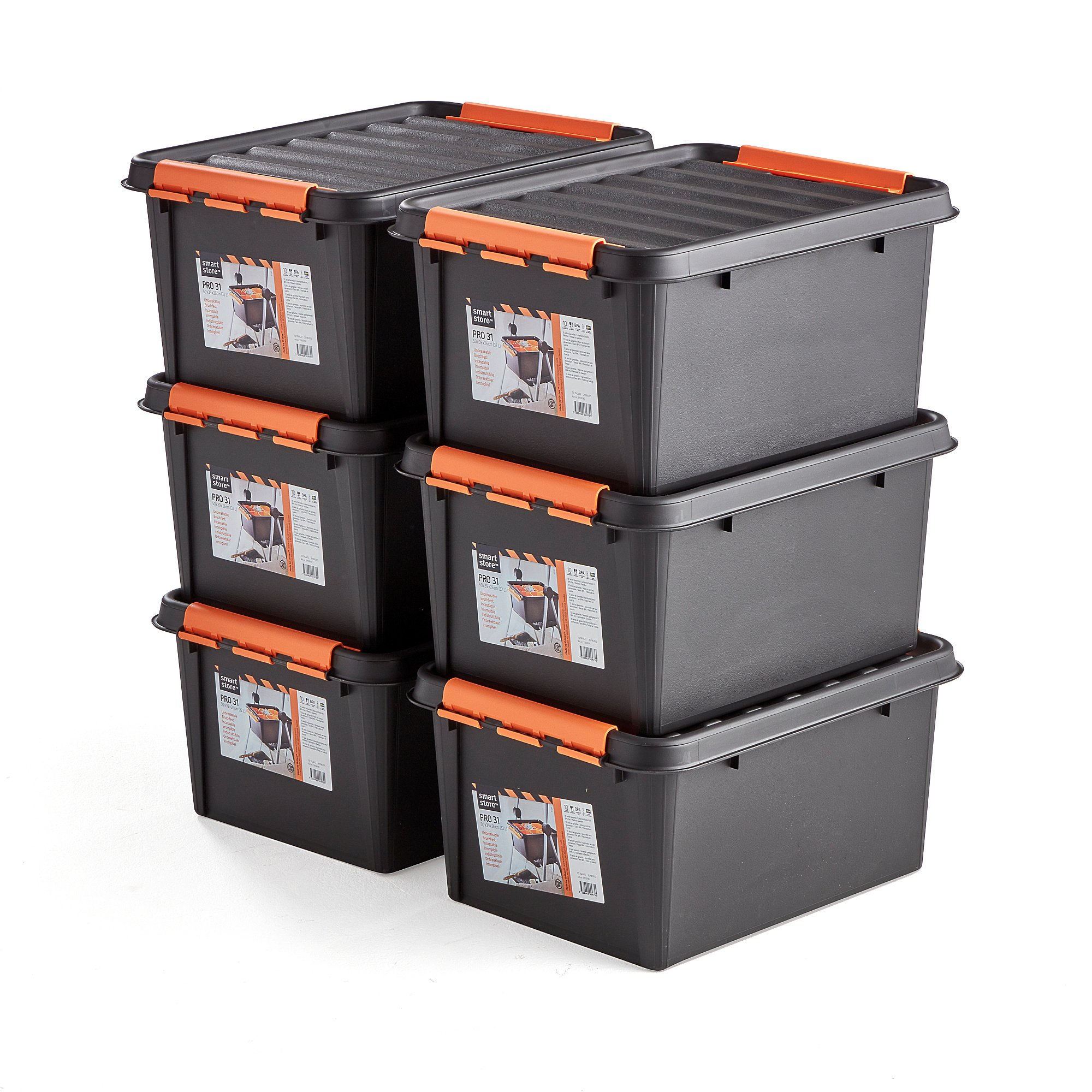 Plastové boxy s vekom NOLAN, 32 L, 6 ks, 500x390x260 mm, čierne