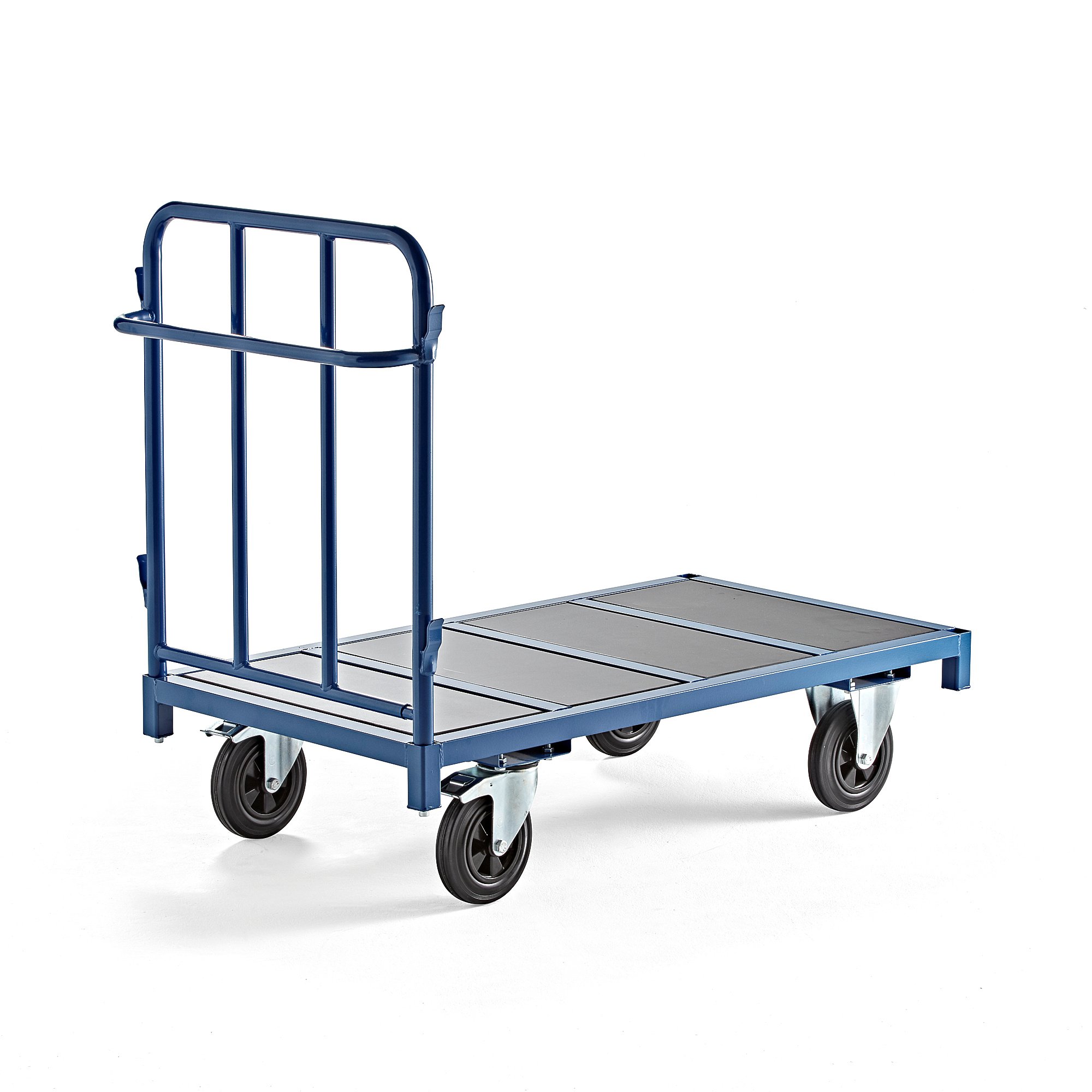 Plošinový vozík EMBARK, 1 stěna, 1300x700 mm, 600 kg, modrý