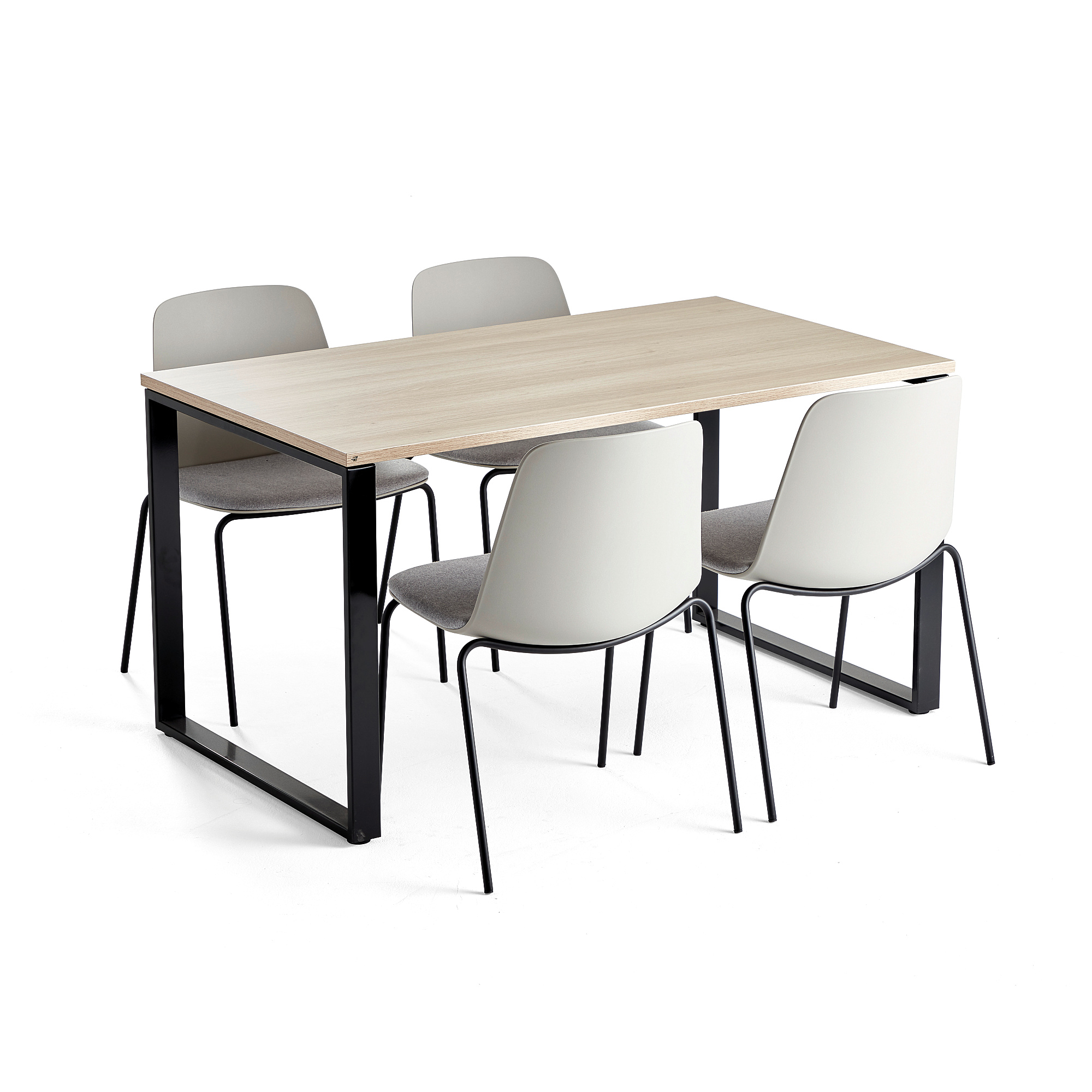 Jídelní set QBUS + LANGFORD, 1 stůl a 4 šedé židle