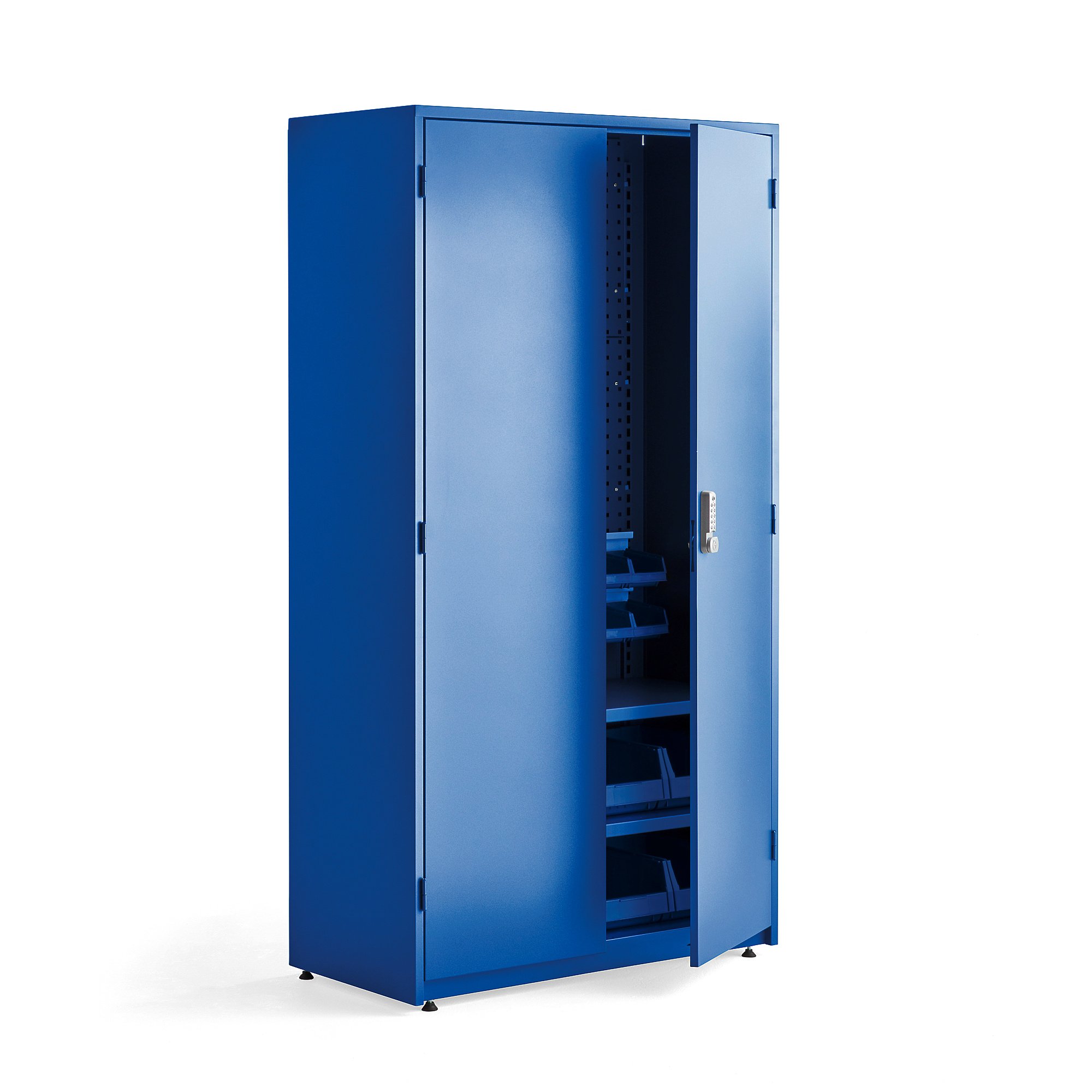 Dílenská skříň Supply, elektronický zámek, 2 police, 2 panely, 24 boxů, 1900x1020x500 mm, modrá