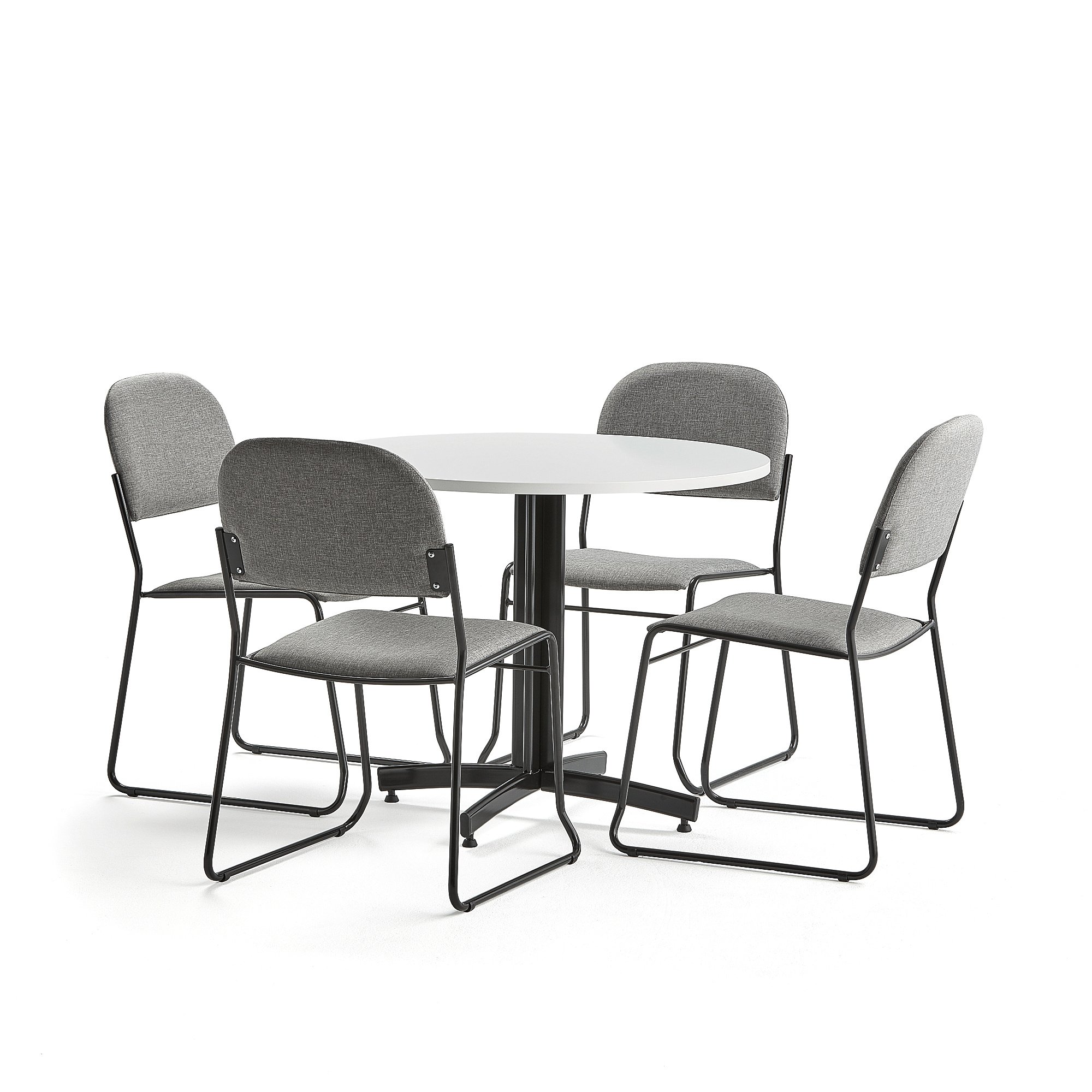 Sestava SANNA + DAWSON, stůl Ø900 mm, bílá + 4 židle, světle šedá