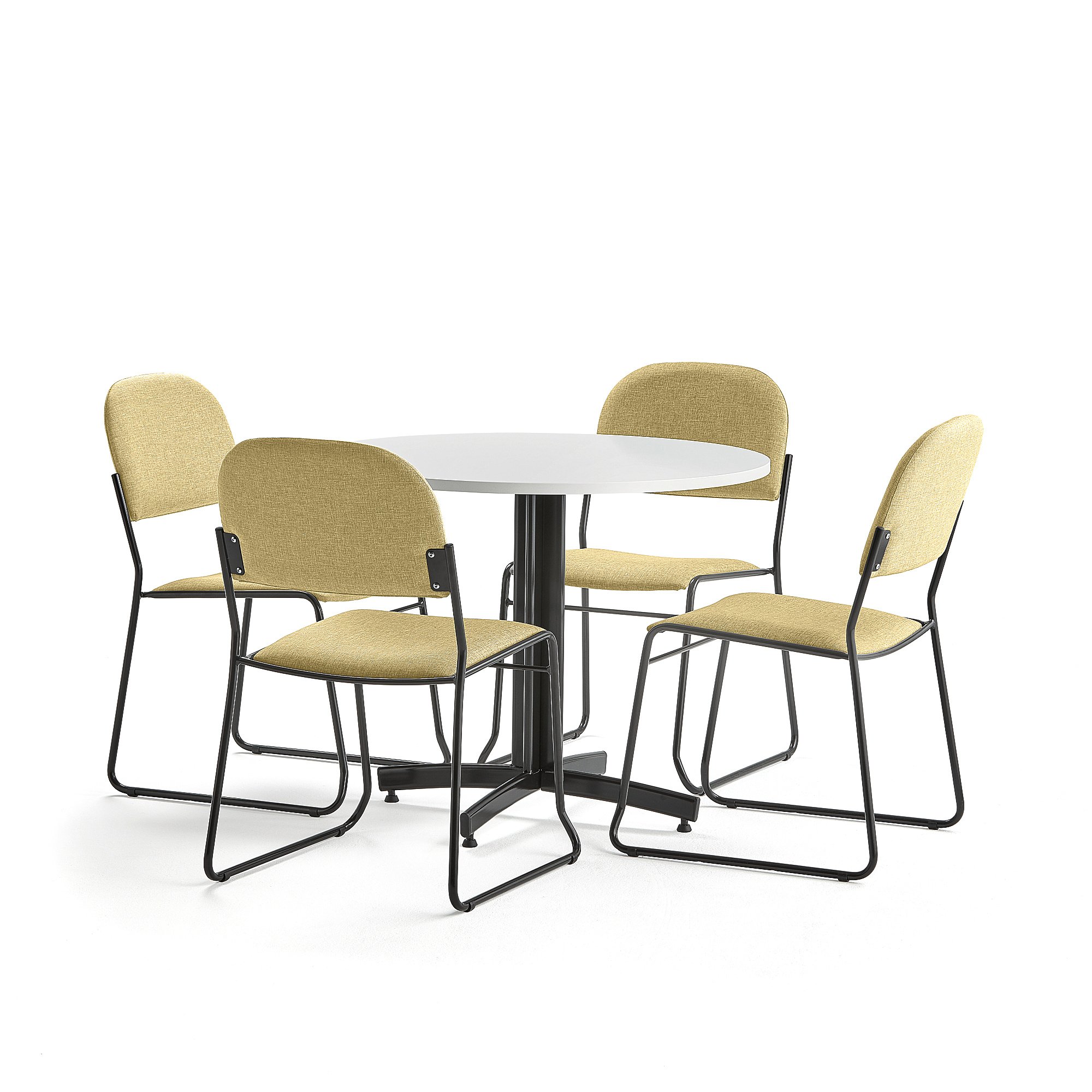 Sestava SANNA + DAWSON, stůl Ø900 mm, bílá + 4 židle, žlutá