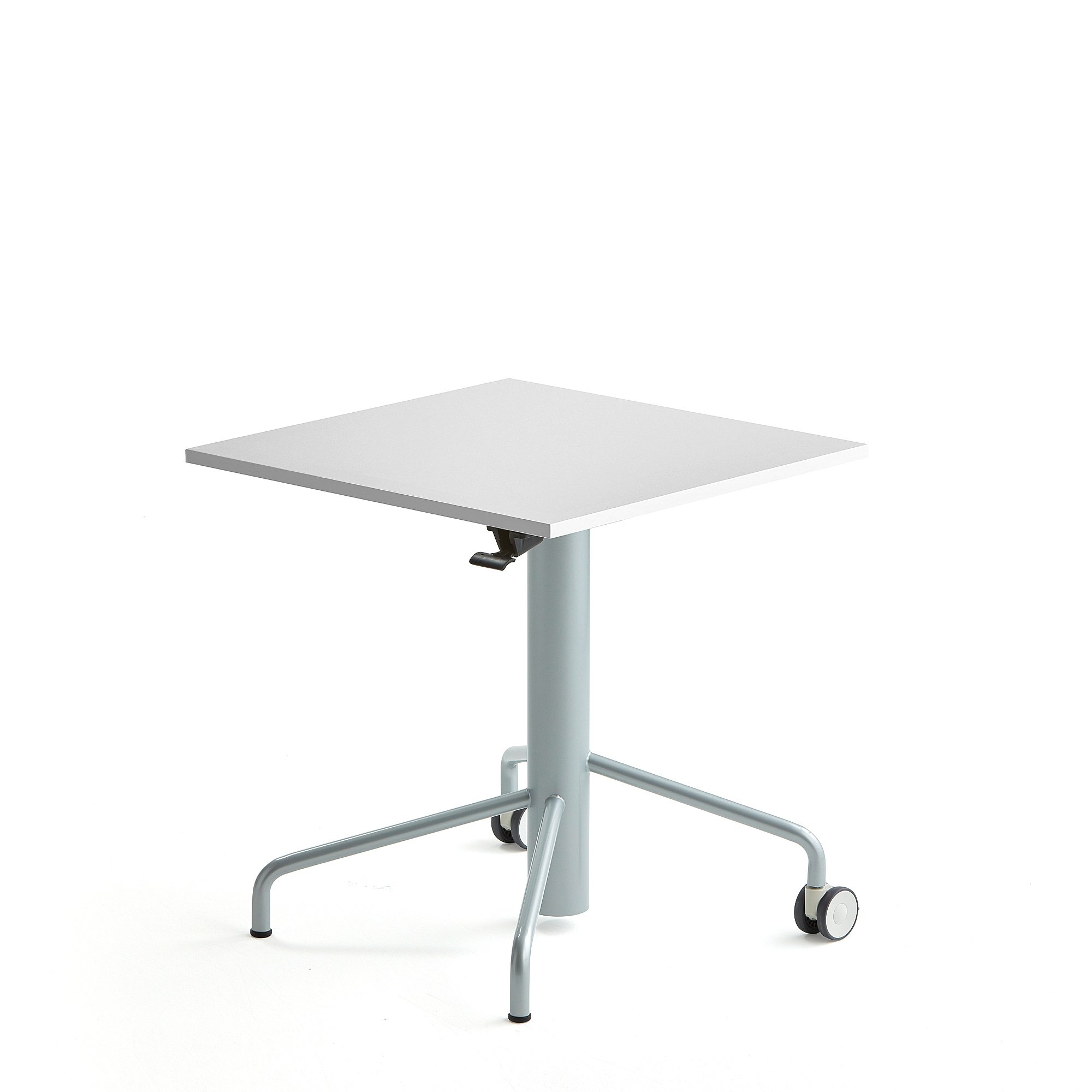 Výškově nastavitelný stůl ARISE, 650x650 mm, šedá podnož, lamino, bílá