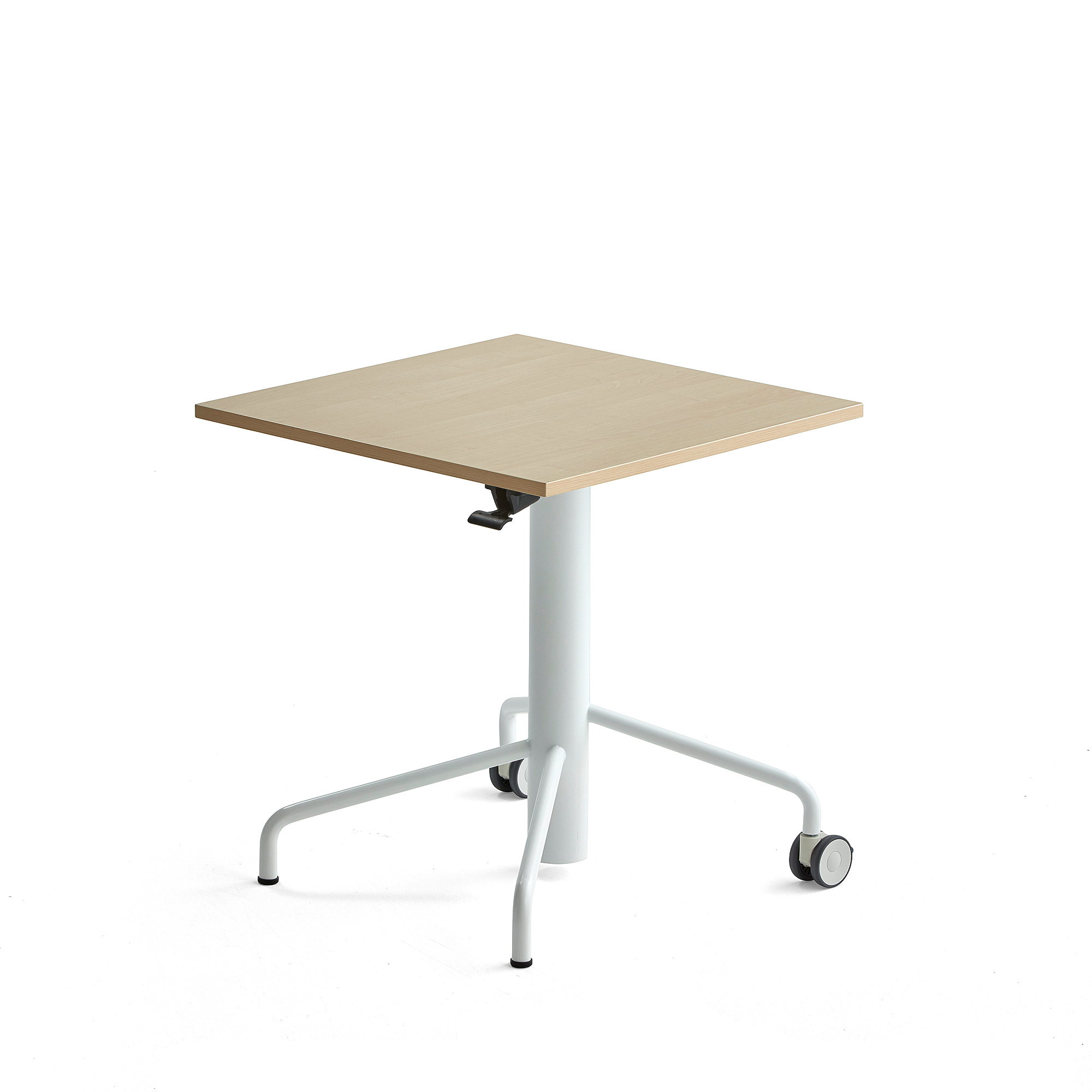 Výškově nastavitelný stůl ARISE, 650x650 mm, bílá podnož, lamino, bříza