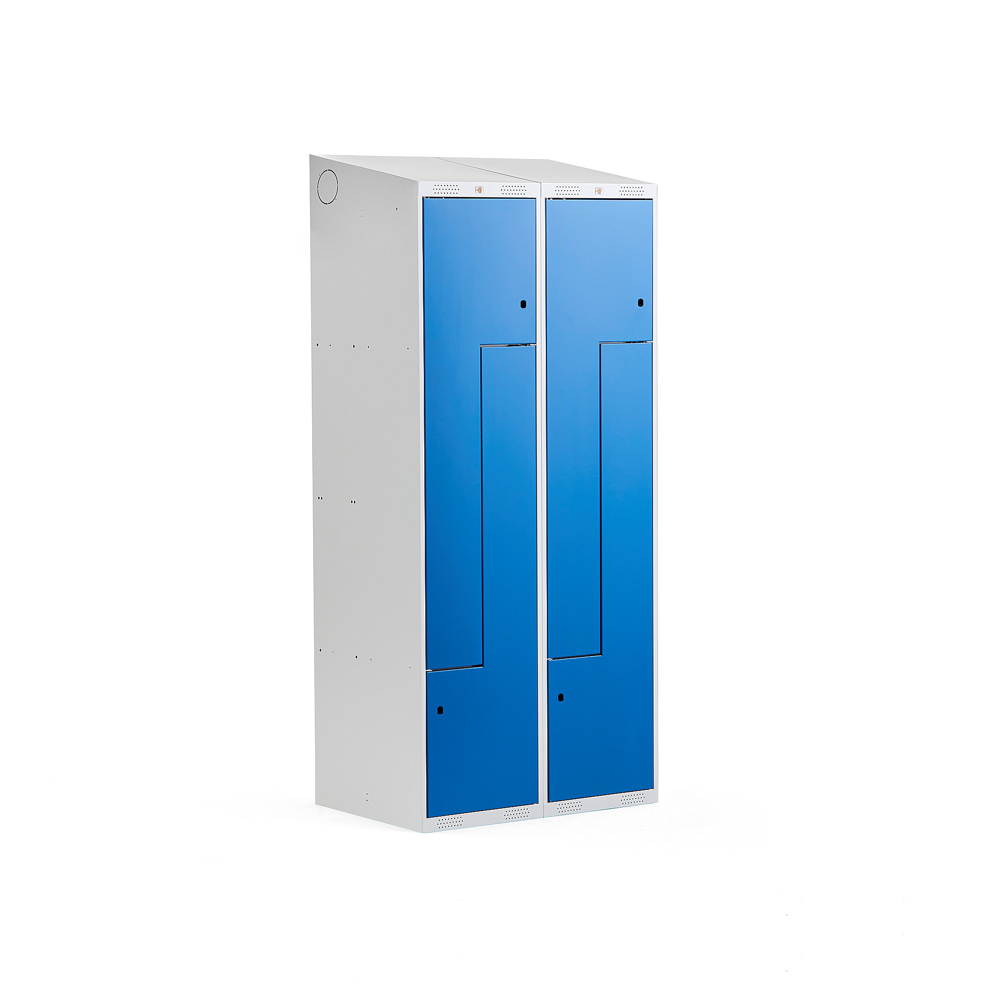 Šatňová skrinka CLASSIC, tvar Z, šikmá strieška, 2 sekcie, 4 dvere, modrá