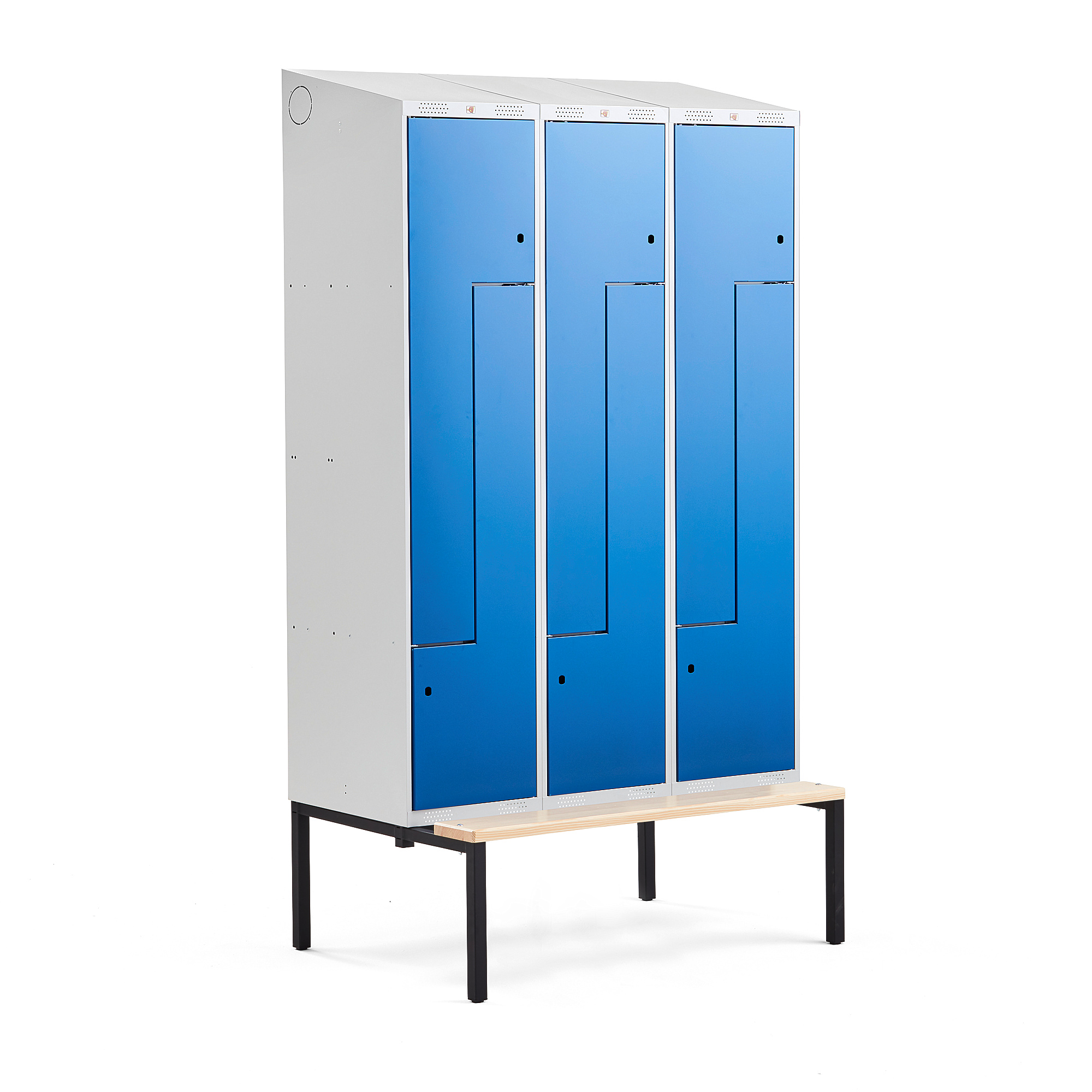 Šatní skříňka CLASSIC Z, šikmá střecha, s lavicí, 3 sekce, 6 dveří, 2290x1200x550 mm, modré dveře