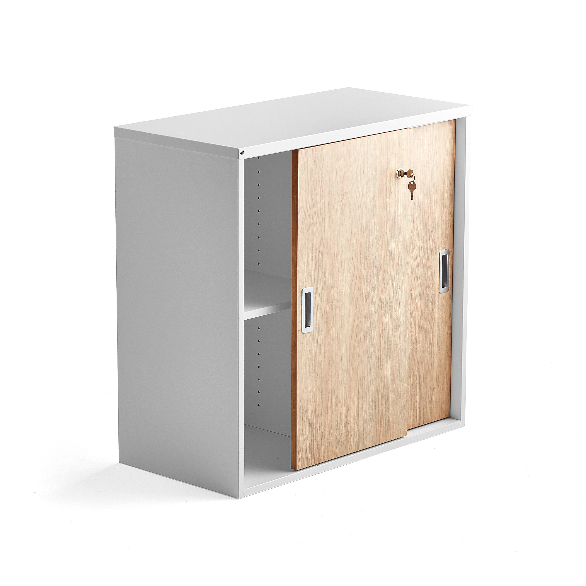 Kancelárska skriňa s posuvnými dverami MODULUS, 800x800 mm, biela, dub