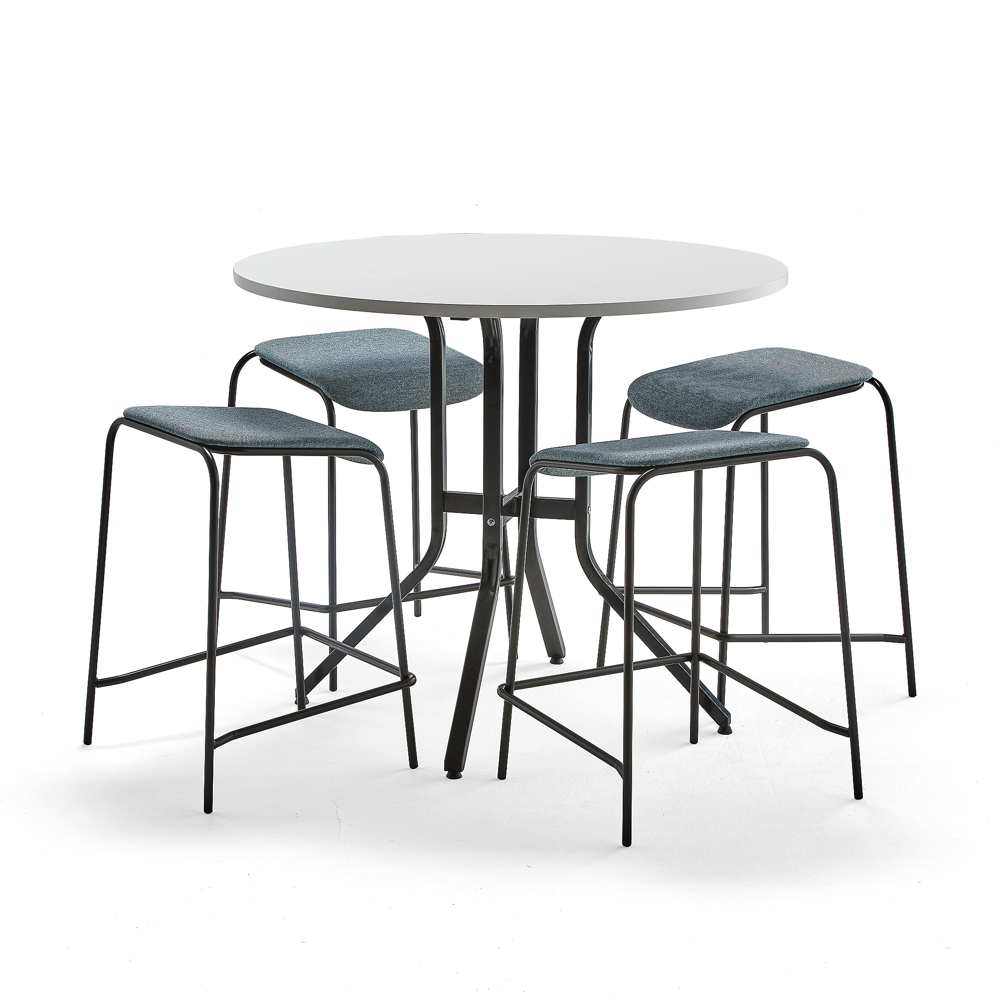 Sestava VARIOUS + ATTEND, stůl Ø1100x900 mm, bílá + 4 modrošedé stoličky