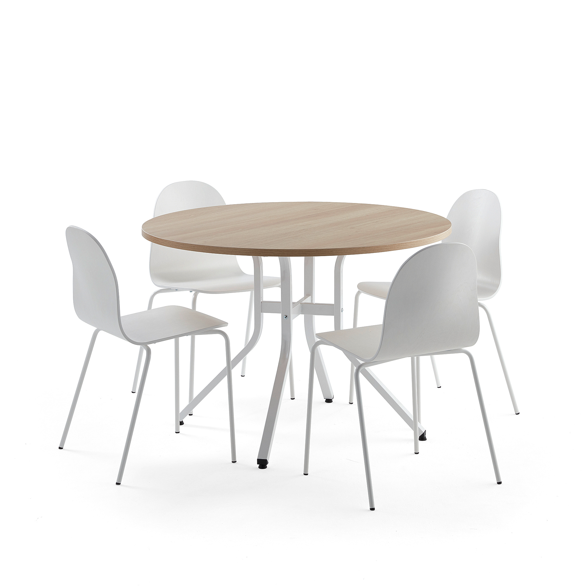 Sestava VARIOUS + GANDER, stůl Ø1100x740 mm, dub + 4 bílé židle