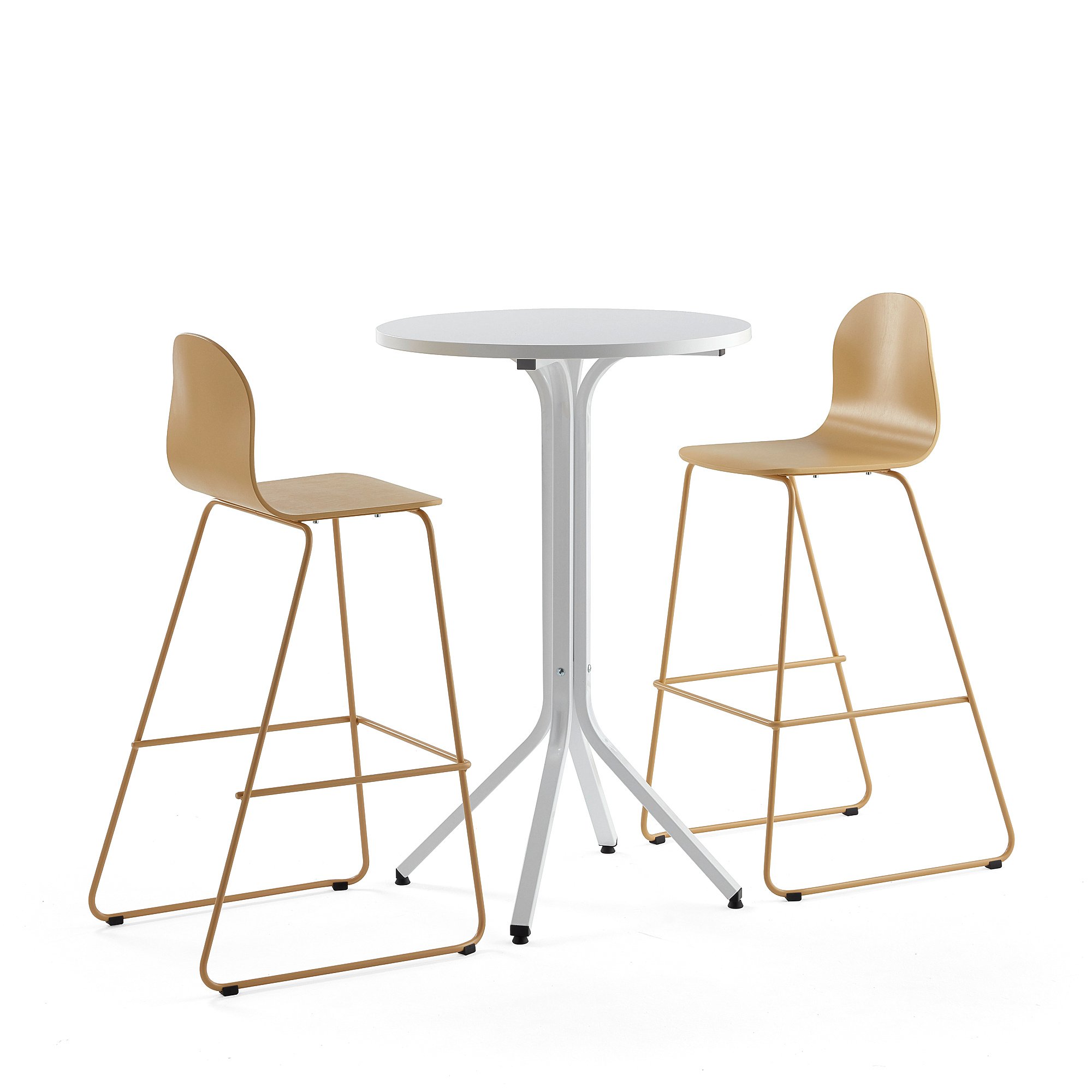 Sestava VARIOUS + GANDER, stůl Ø700x1050 mm, bílá + 2 barové židle, hořčicová