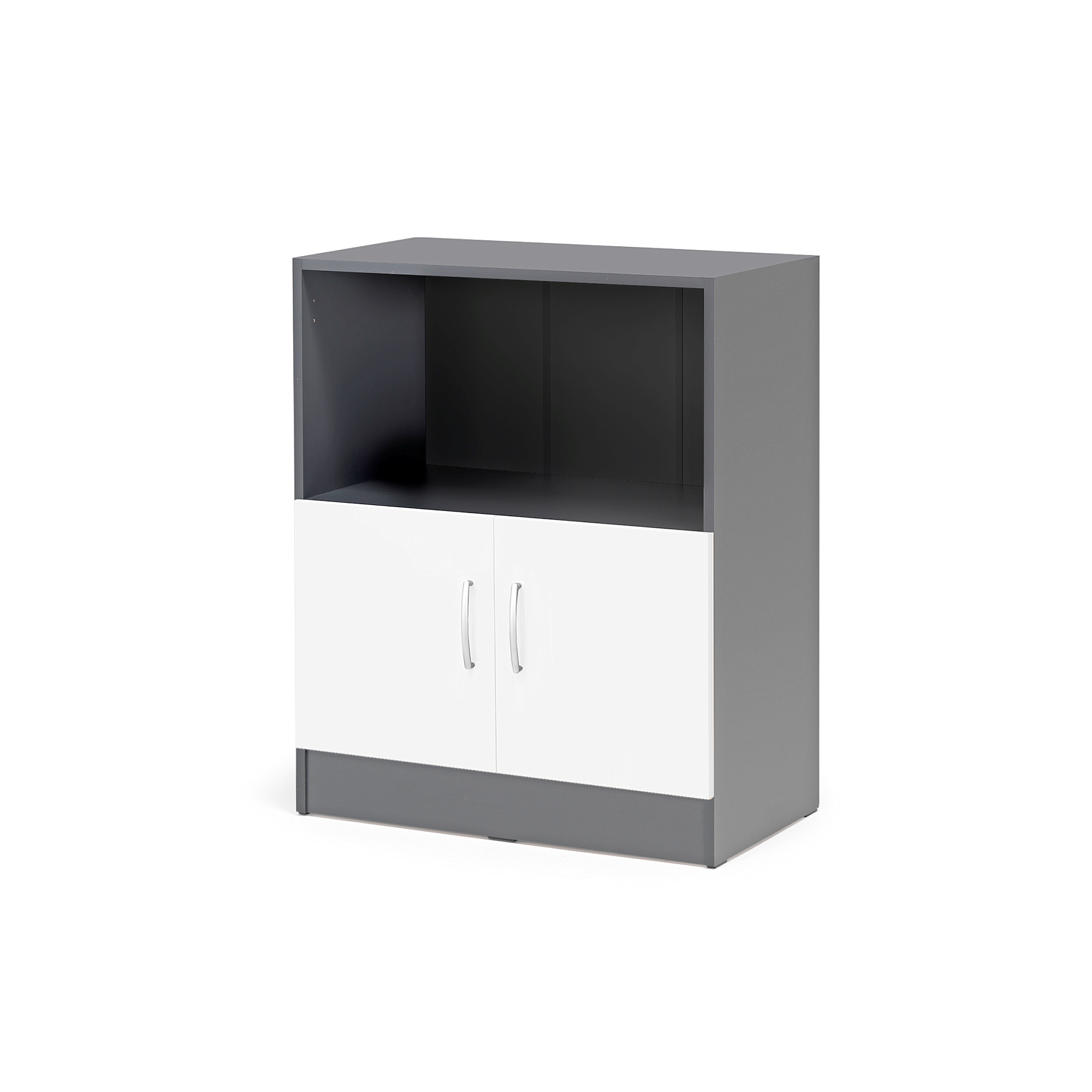 Levně Kancelářská skříň FLEXUS, 925x760x415 mm, dveře + 1 otevřená police, šedá/bílá