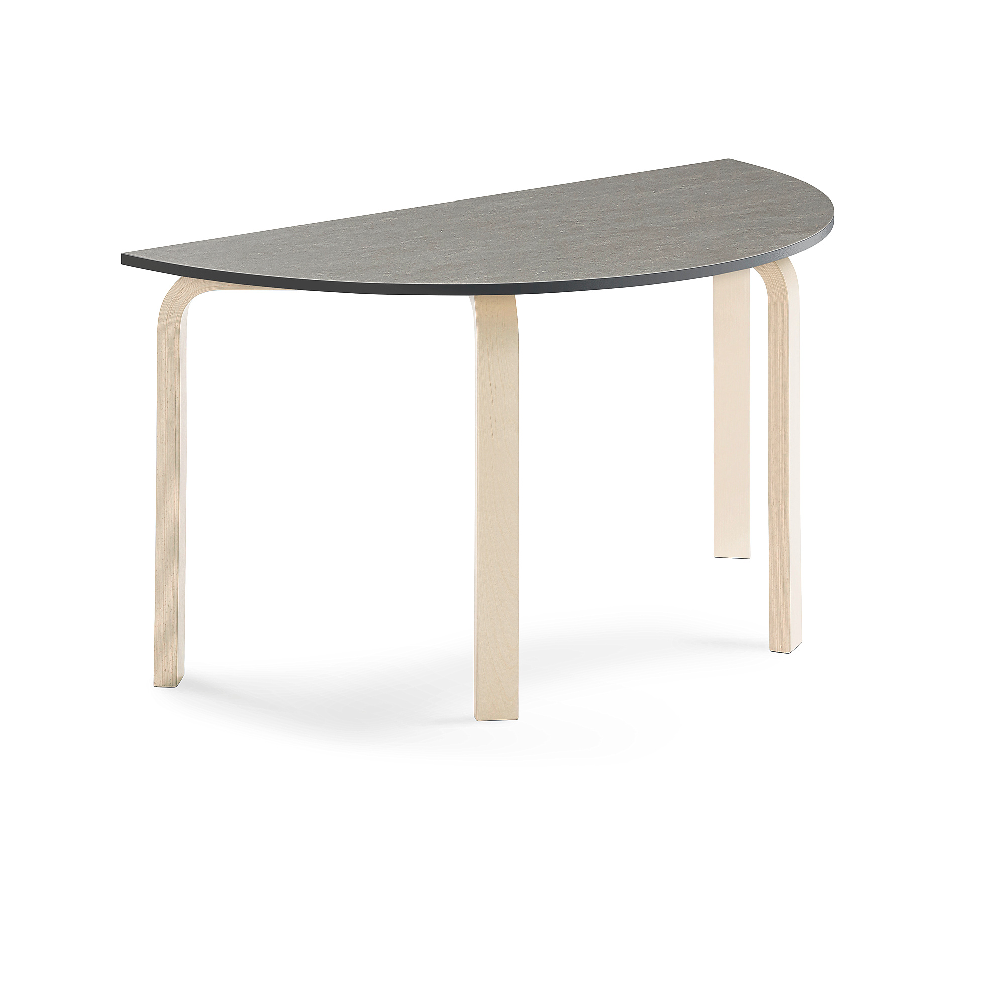 Stůl ELTON, půlkruh, 1200x600x640 mm, bříza, akustické linoleum, tmavě šedá