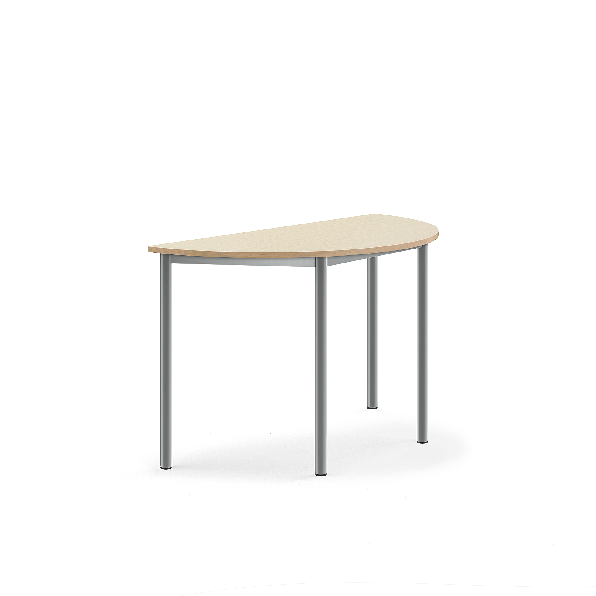 Stůl SONITUS, půlkruh, 1200x600x720 mm, stříbrné nohy, HPL deska tlumící hluk, bříza