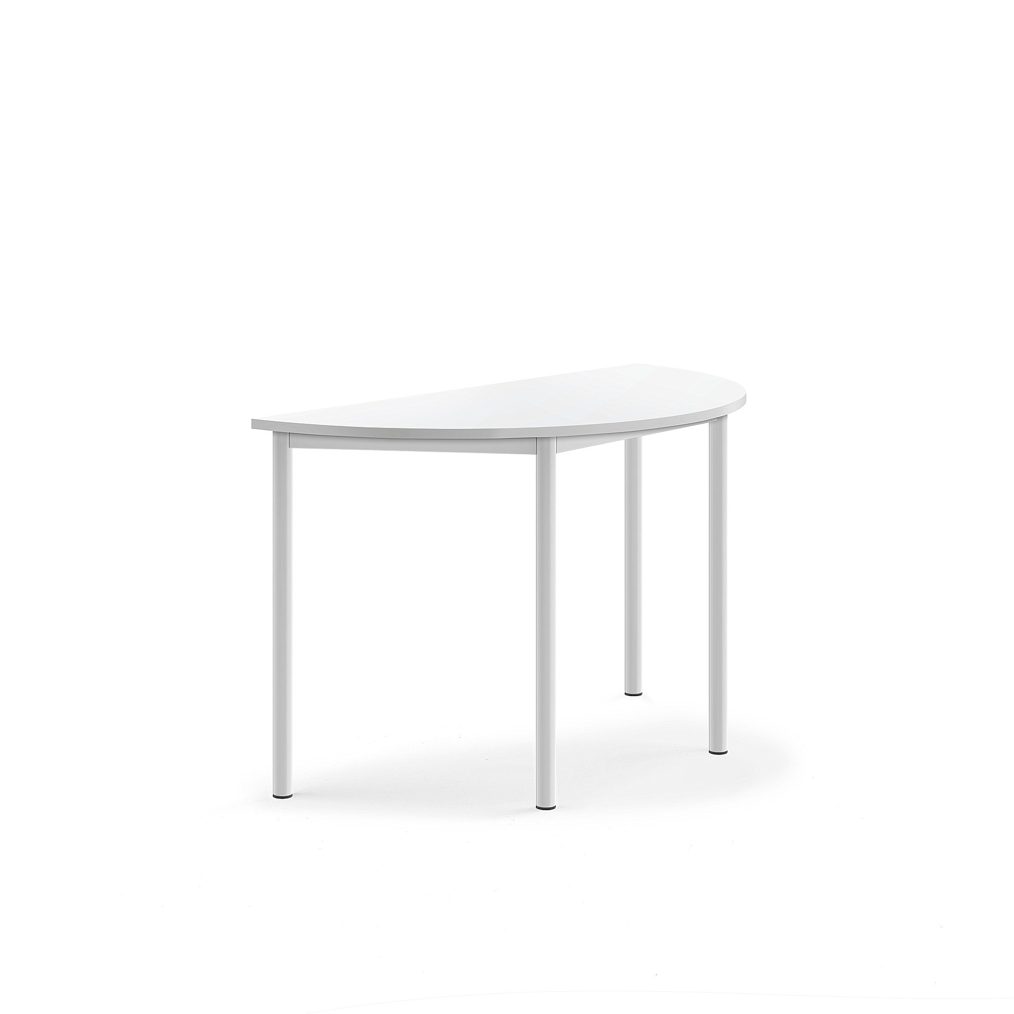 Stůl SONITUS, půlkruh, 1200x600x720 mm, bílé nohy, HPL deska tlumící hluk, bílá