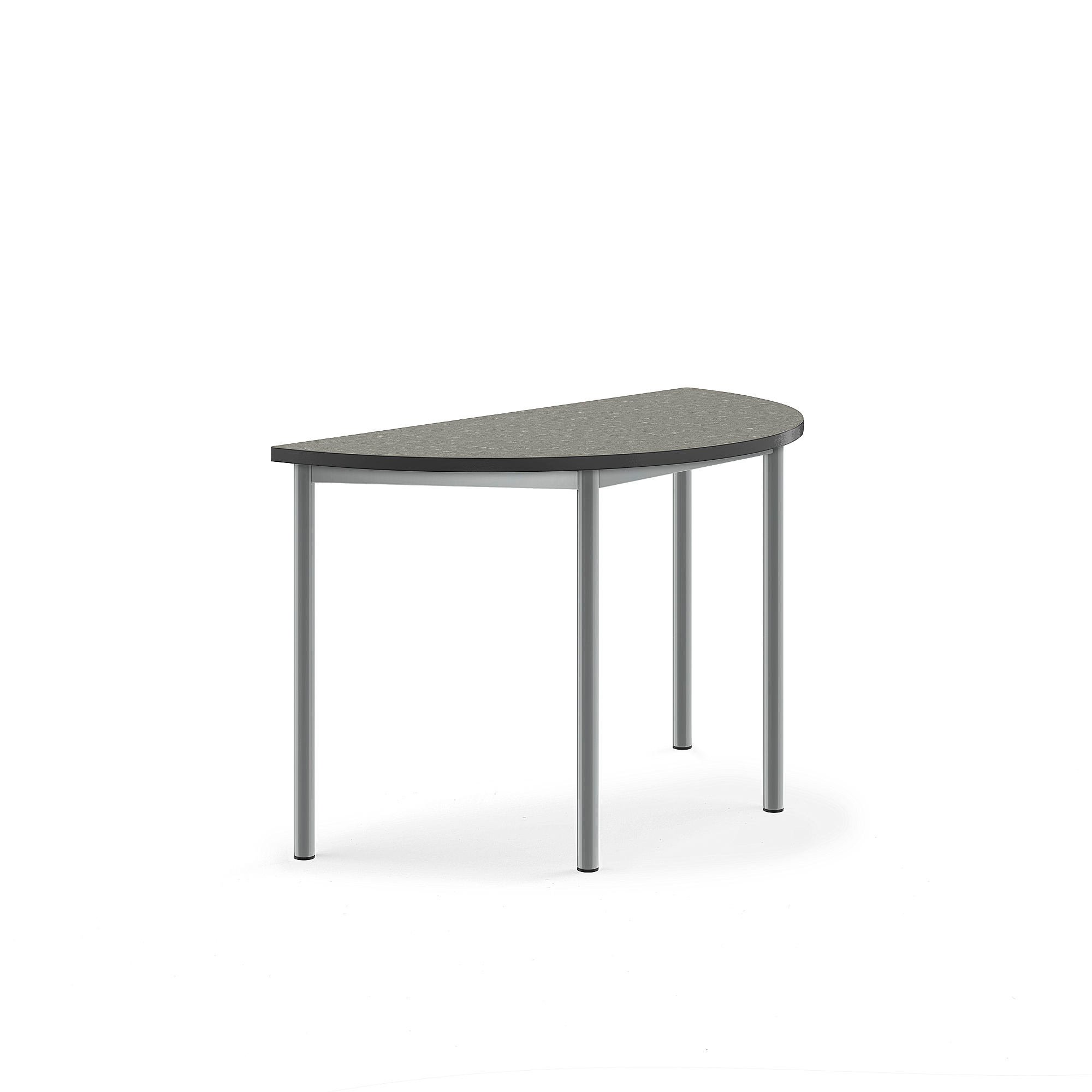 Stůl SONITUS, půlkruh, 1200x600x720 mm, stříbrné nohy, deska s linoleem, tmavě šedá