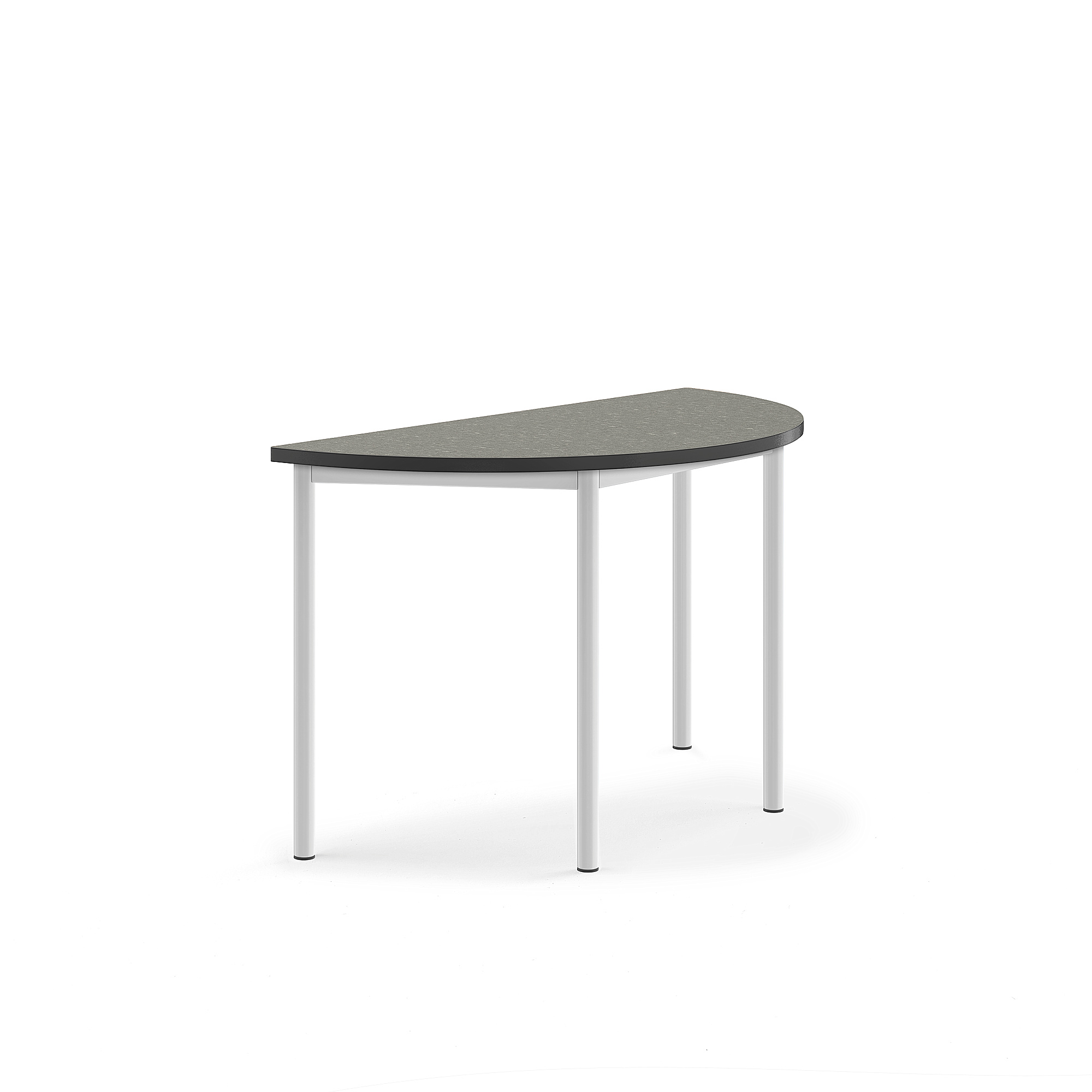 Stůl SONITUS, půlkruh, 1200x600x720 mm, bílé nohy, deska s linoleem, tmavě šedá