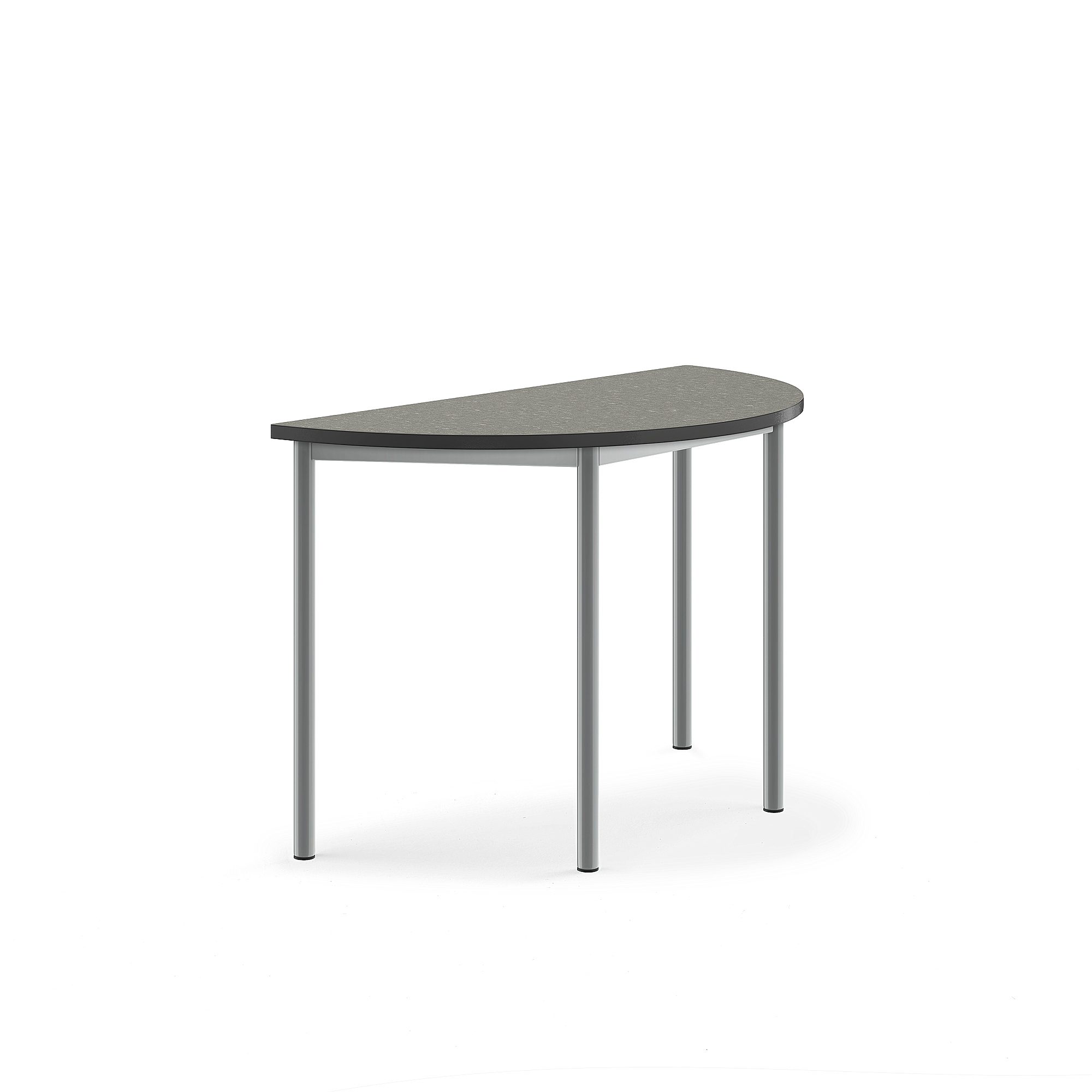 Stůl SONITUS, půlkruh, 1200x600x760 mm, stříbrné nohy, deska s linoleem, tmavě šedá