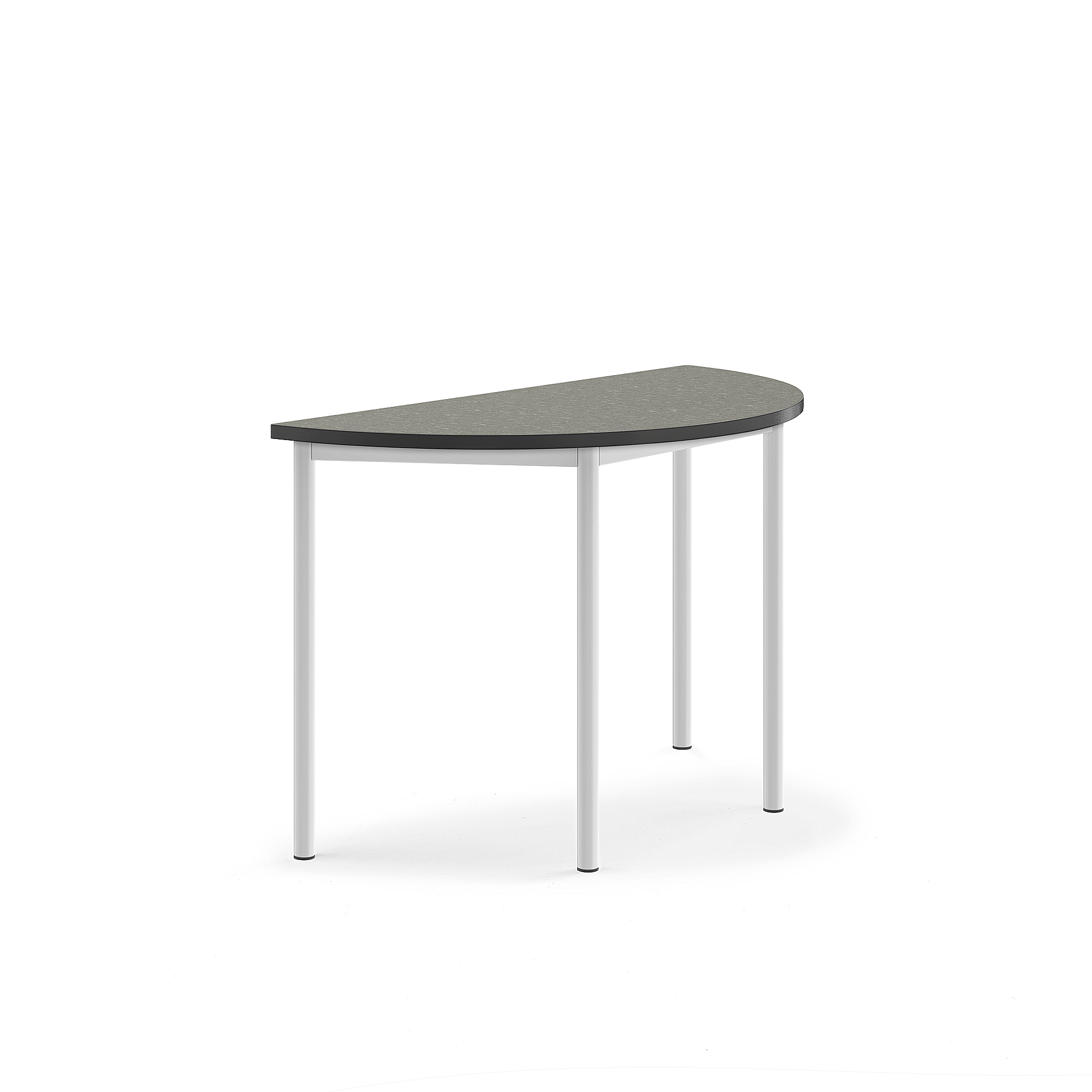 Stůl SONITUS, půlkruh, 1200x600x760 mm, bílé nohy, deska s linoleem, tmavě šedá