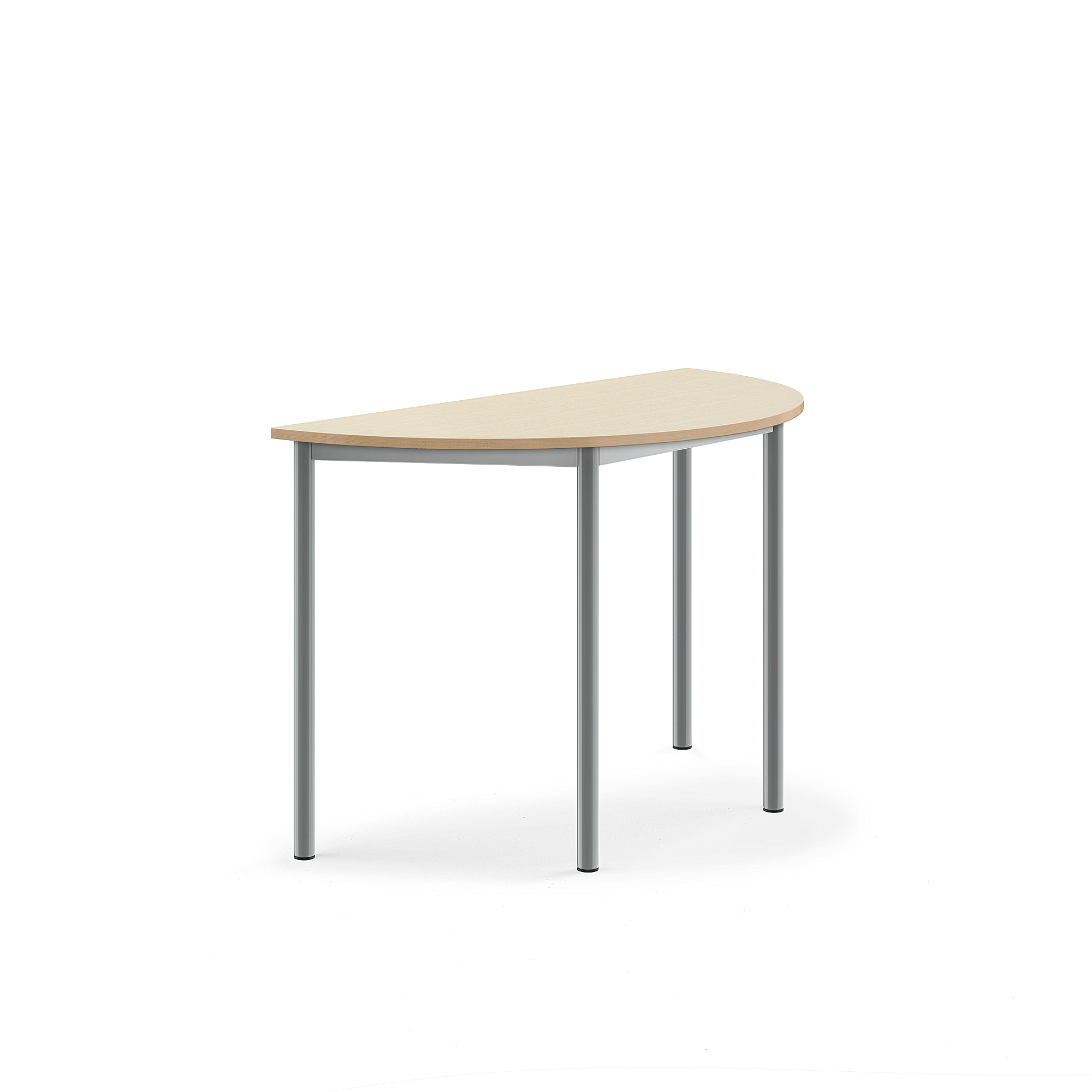 Stůl SONITUS, půlkruh, 1200x600x760 mm, stříbrné nohy, HPL deska tlumící hluk, bříza