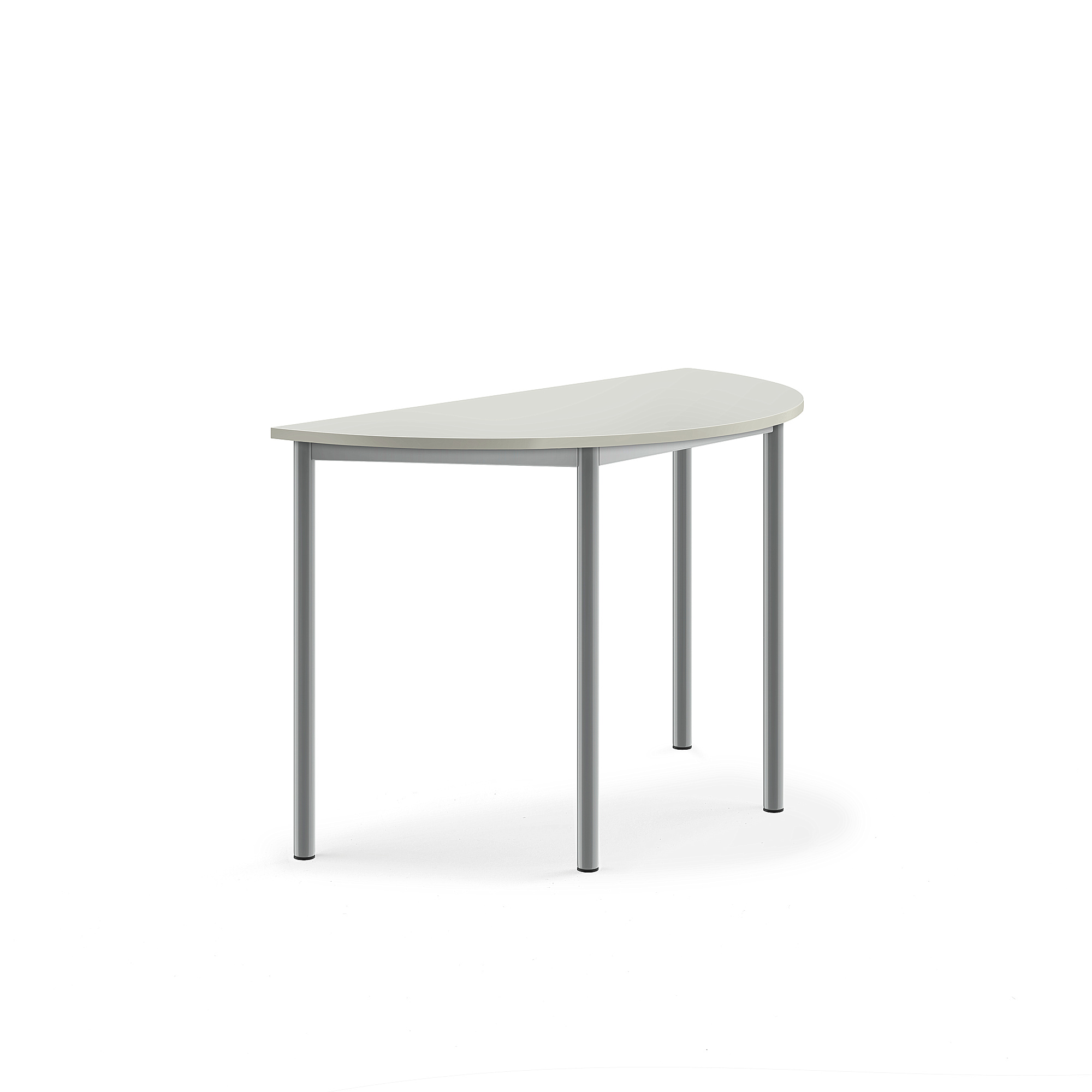 Stůl SONITUS, půlkruh, 1200x600x760 mm, stříbrné nohy, HPL deska tlumící hluk, šedá