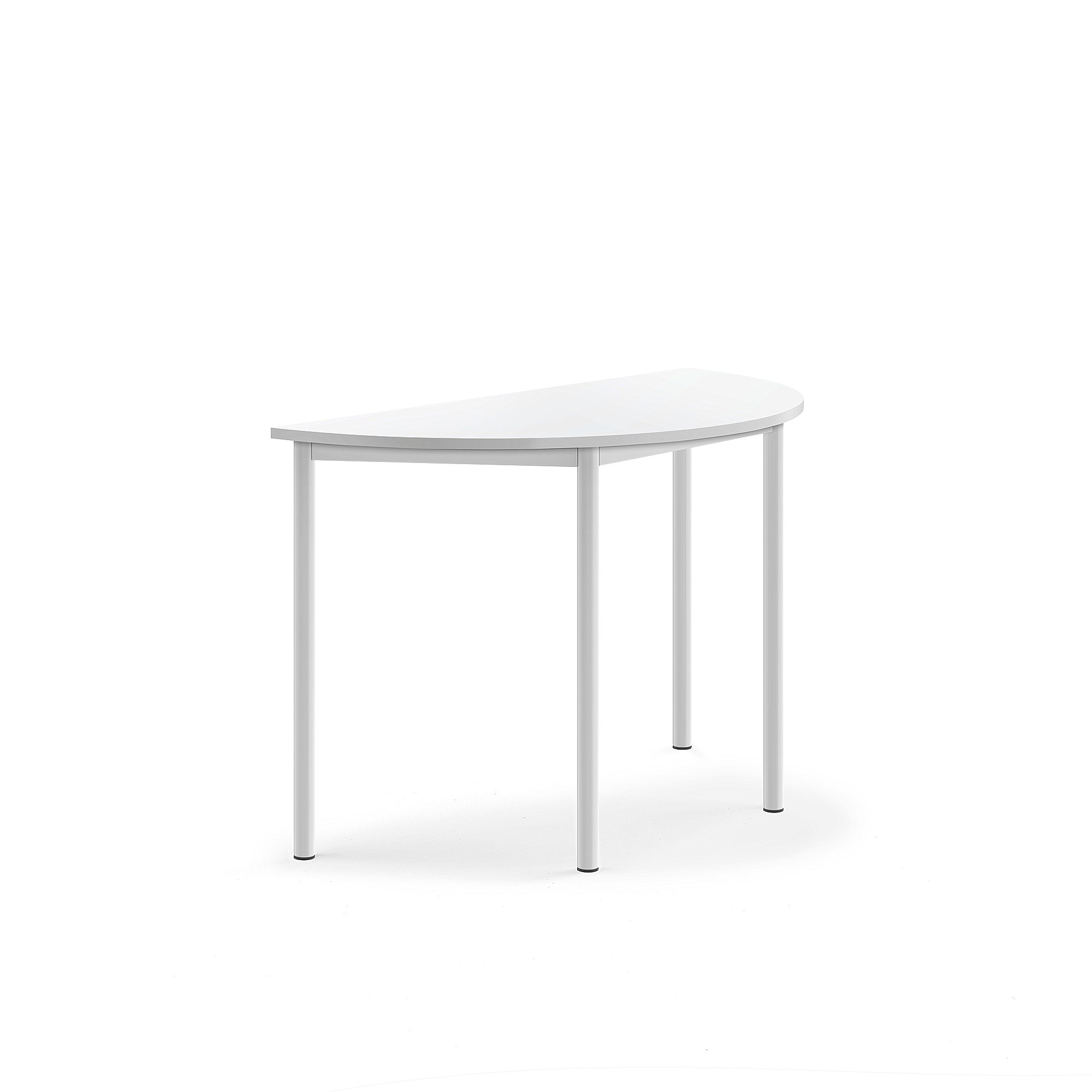 Stůl SONITUS, půlkruh, 1200x600x760 mm, bílé nohy, HPL deska tlumící hluk, bílá